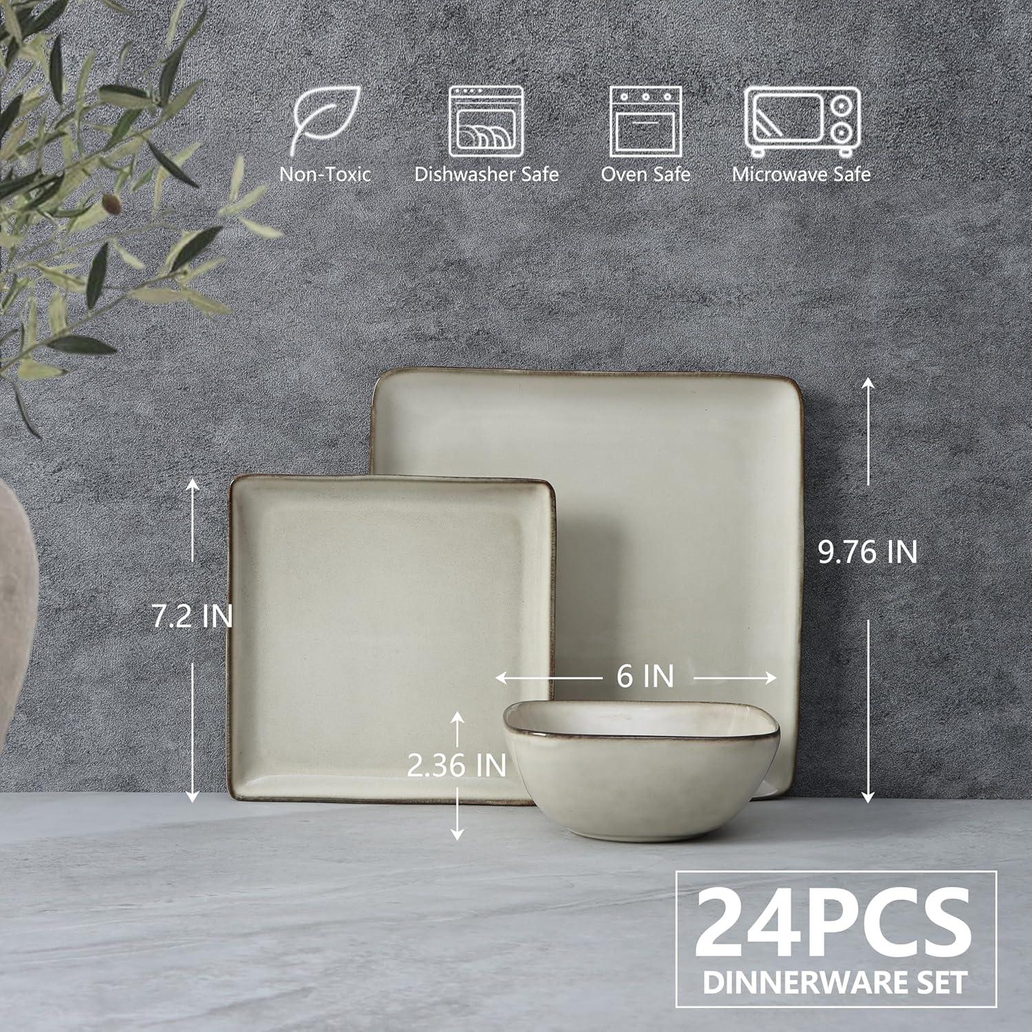 imageEfar Square Plates and Bowls Sets 12Piece Stoneware Dinnerware Sets for 4 Reactive Glaze Dish Set Chip and Scratch Resistant Microwave and Dishwasher Safe Deep Sea BlueSandy Beige