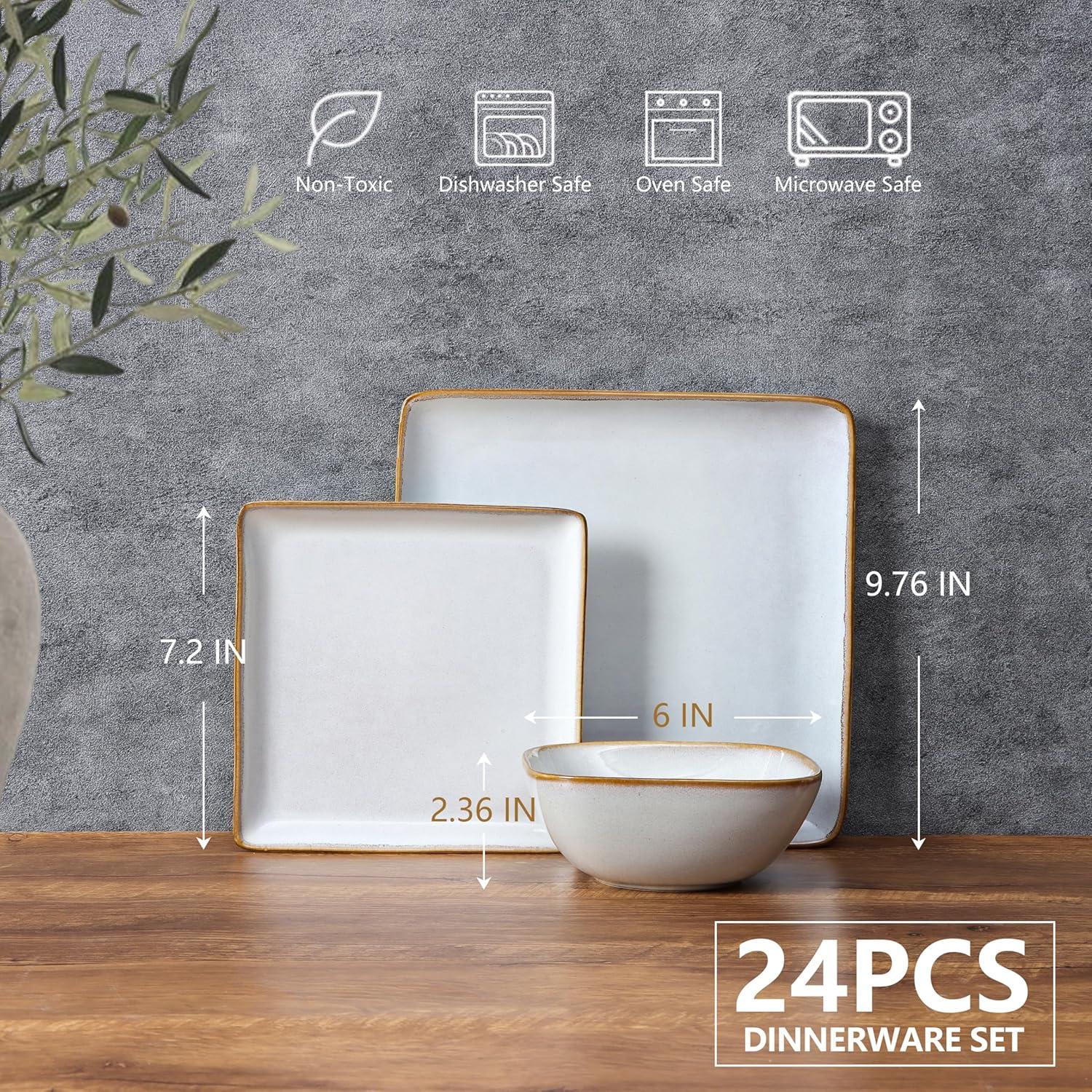 imageEfar Square Plates and Bowls Sets 12Piece Stoneware Dinnerware Sets for 4 Reactive Glaze Dish Set Chip and Scratch Resistant Microwave and Dishwasher Safe Deep Sea BlueSeashell White