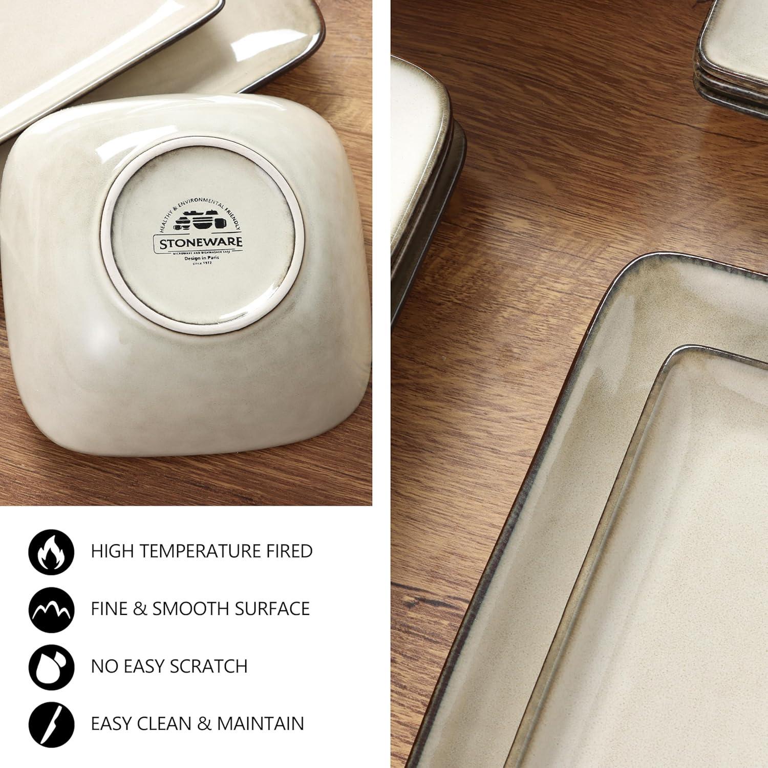 imageEfar Square Plates and Bowls Sets 12Piece Stoneware Dinnerware Sets for 4 Reactive Glaze Dish Set Chip and Scratch Resistant Microwave and Dishwasher Safe Deep Sea BlueSandy Beige