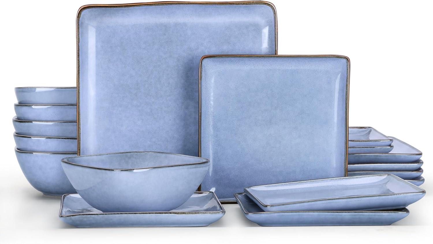 imageEfar Square Plates and Bowls Sets 12Piece Stoneware Dinnerware Sets for 4 Reactive Glaze Dish Set Chip and Scratch Resistant Microwave and Dishwasher Safe Deep Sea BlueOcean Blue