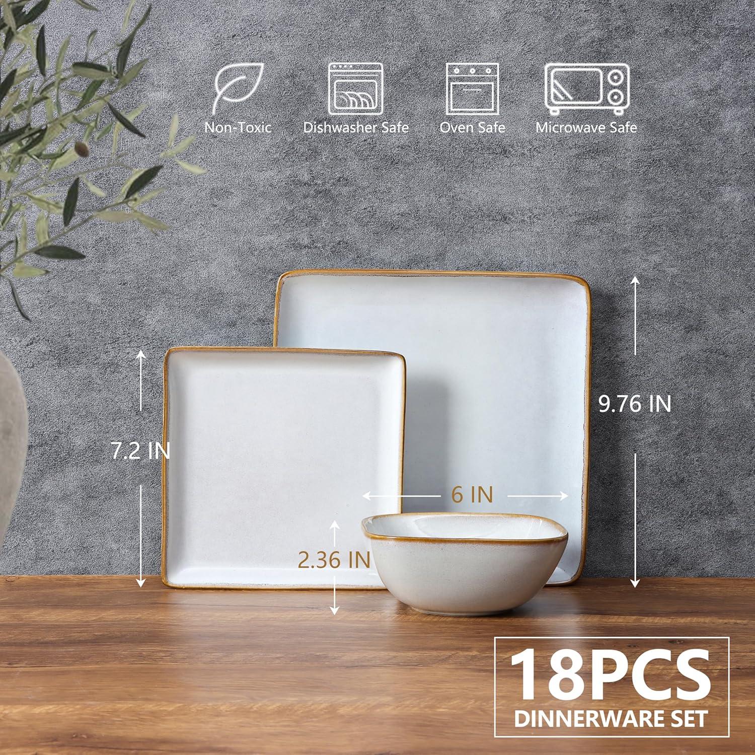 imageEfar Square Plates and Bowls Sets 12Piece Stoneware Dinnerware Sets for 4 Reactive Glaze Dish Set Chip and Scratch Resistant Microwave and Dishwasher Safe Deep Sea BlueSeashell White