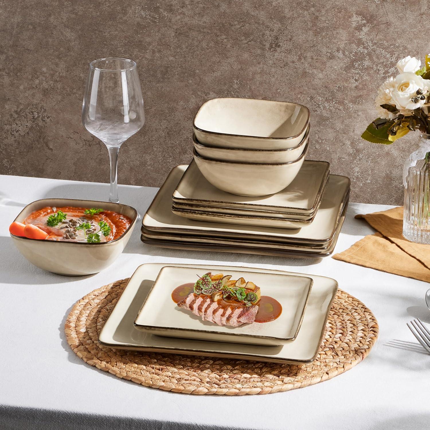 imageEfar Square Plates and Bowls Sets 12Piece Stoneware Dinnerware Sets for 4 Reactive Glaze Dish Set Chip and Scratch Resistant Microwave and Dishwasher Safe Deep Sea BlueSandy Beige