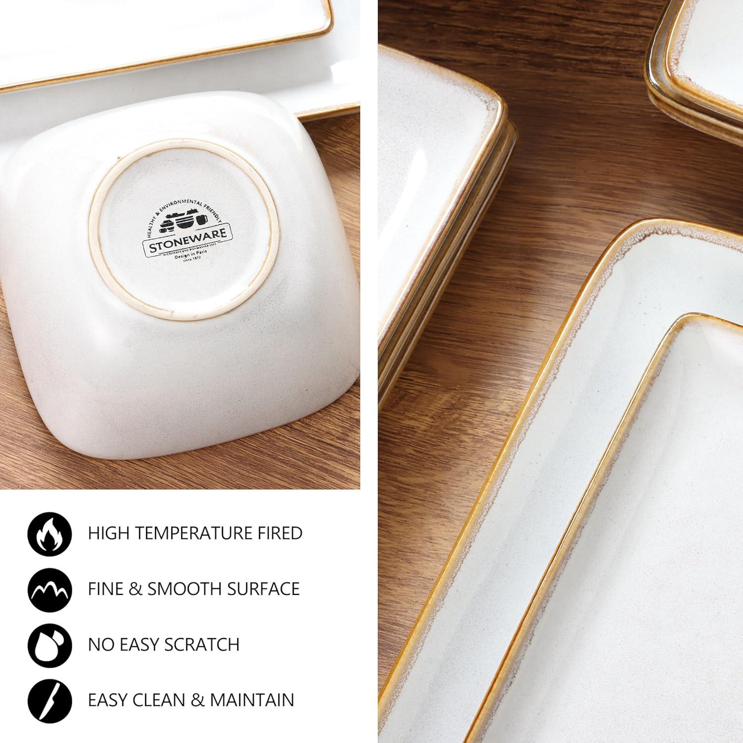 imageEfar Square Plates and Bowls Sets 12Piece Stoneware Dinnerware Sets for 4 Reactive Glaze Dish Set Chip and Scratch Resistant Microwave and Dishwasher Safe Deep Sea BlueSeashell White
