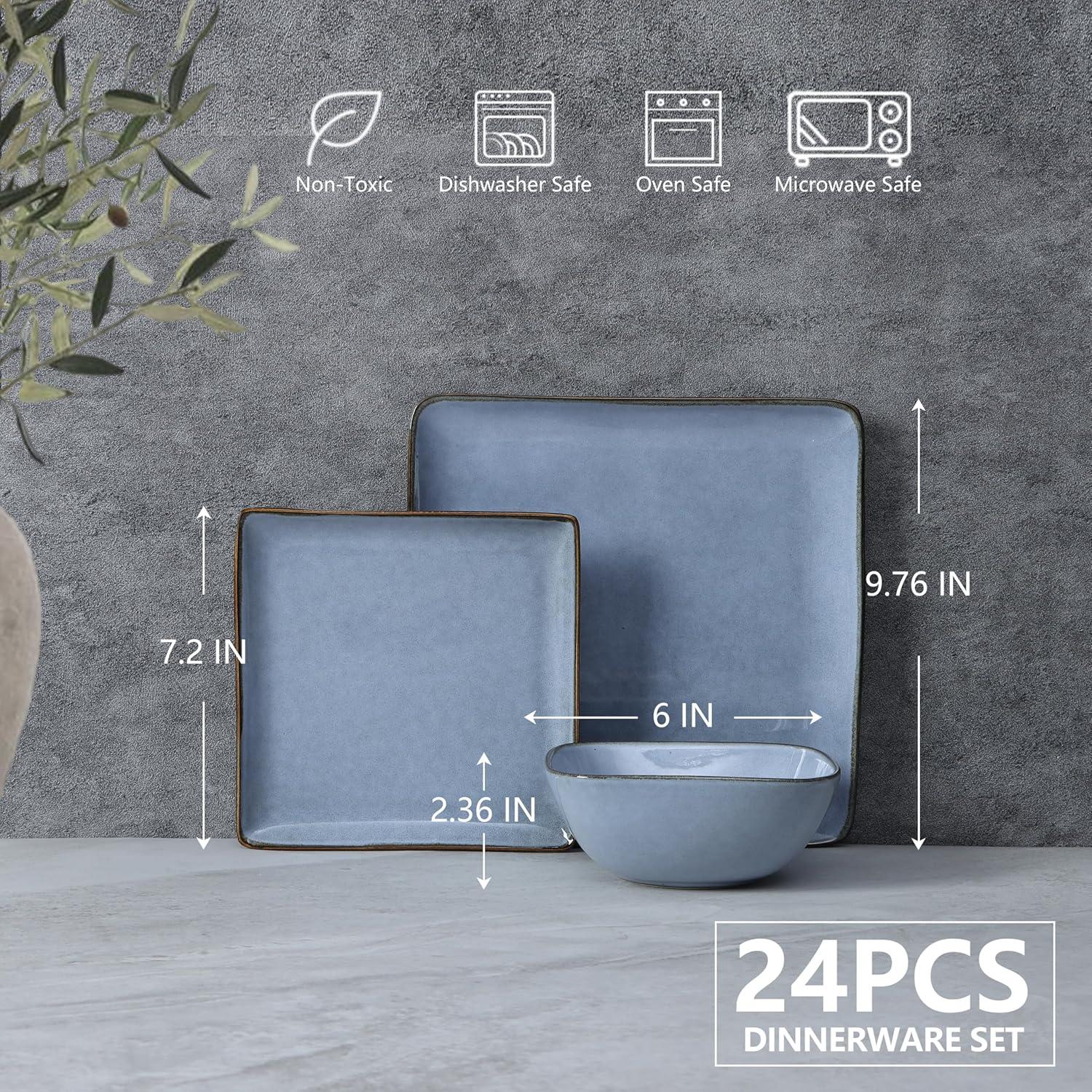 imageEfar Square Plates and Bowls Sets 12Piece Stoneware Dinnerware Sets for 4 Reactive Glaze Dish Set Chip and Scratch Resistant Microwave and Dishwasher Safe Deep Sea BlueOcean Blue