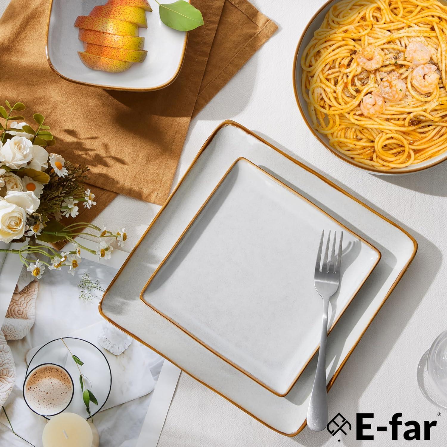 imageEfar Square Plates and Bowls Sets 12Piece Stoneware Dinnerware Sets for 4 Reactive Glaze Dish Set Chip and Scratch Resistant Microwave and Dishwasher Safe Deep Sea BlueSeashell White