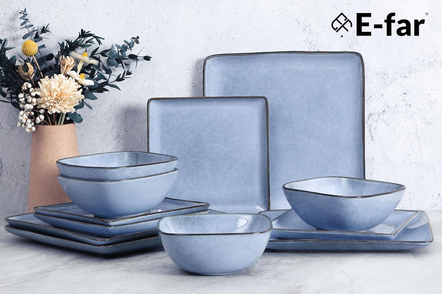 imageEfar Square Plates and Bowls Sets 12Piece Stoneware Dinnerware Sets for 4 Reactive Glaze Dish Set Chip and Scratch Resistant Microwave and Dishwasher Safe Deep Sea BlueOcean Blue