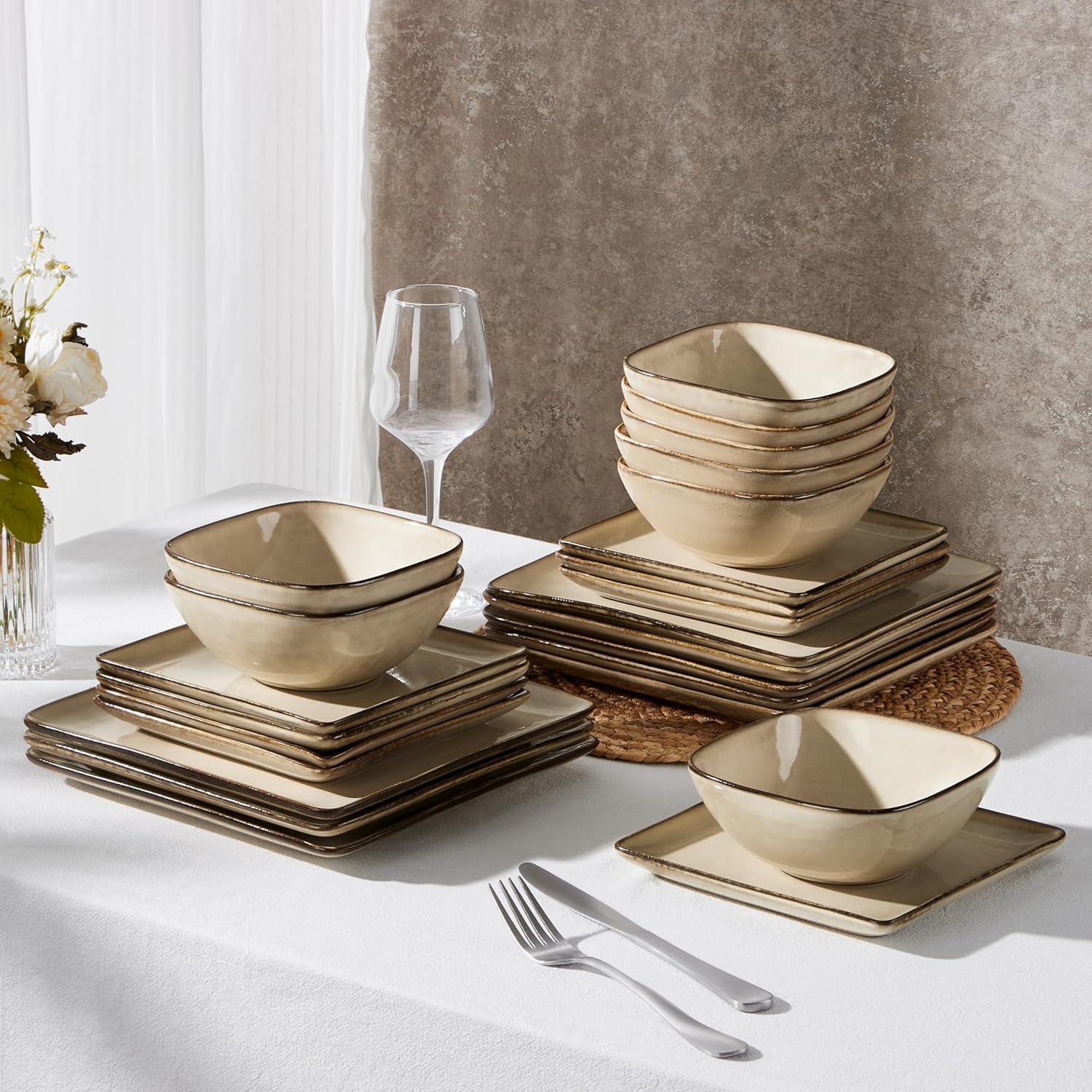 imageEfar Square Plates and Bowls Sets 12Piece Stoneware Dinnerware Sets for 4 Reactive Glaze Dish Set Chip and Scratch Resistant Microwave and Dishwasher Safe Deep Sea BlueSandy Beige