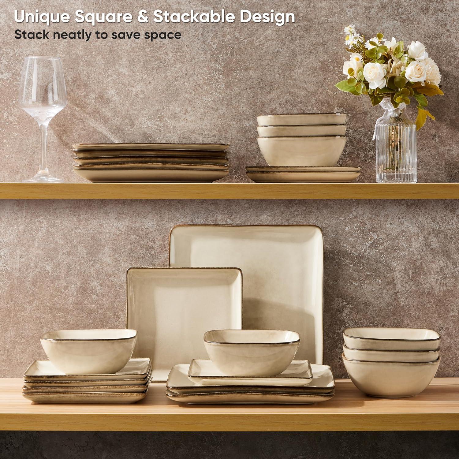 imageEfar Square Plates and Bowls Sets 12Piece Stoneware Dinnerware Sets for 4 Reactive Glaze Dish Set Chip and Scratch Resistant Microwave and Dishwasher Safe Deep Sea BlueSandy Beige