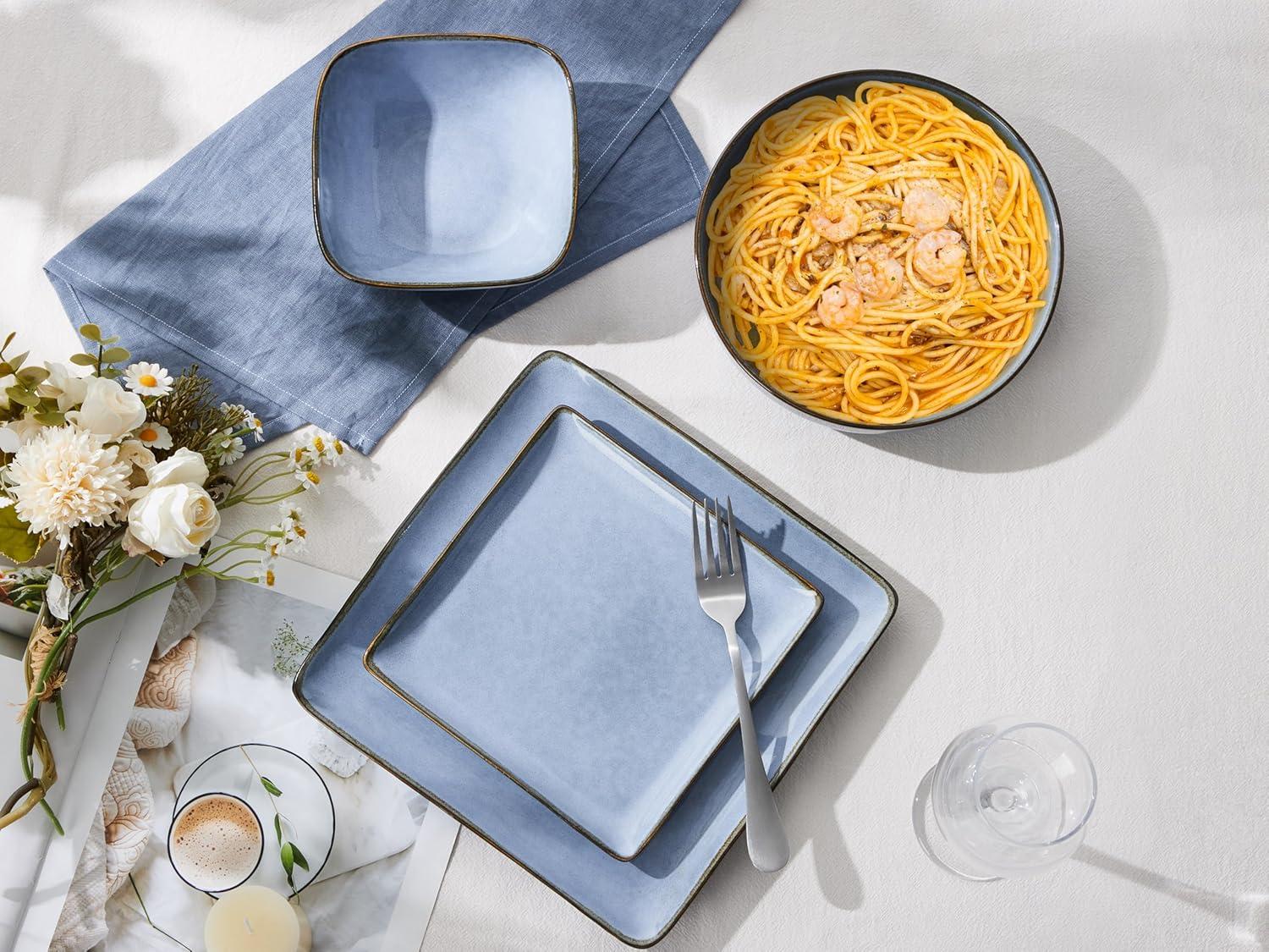 imageEfar Square Plates and Bowls Sets 12Piece Stoneware Dinnerware Sets for 4 Reactive Glaze Dish Set Chip and Scratch Resistant Microwave and Dishwasher Safe Deep Sea BlueOcean Blue
