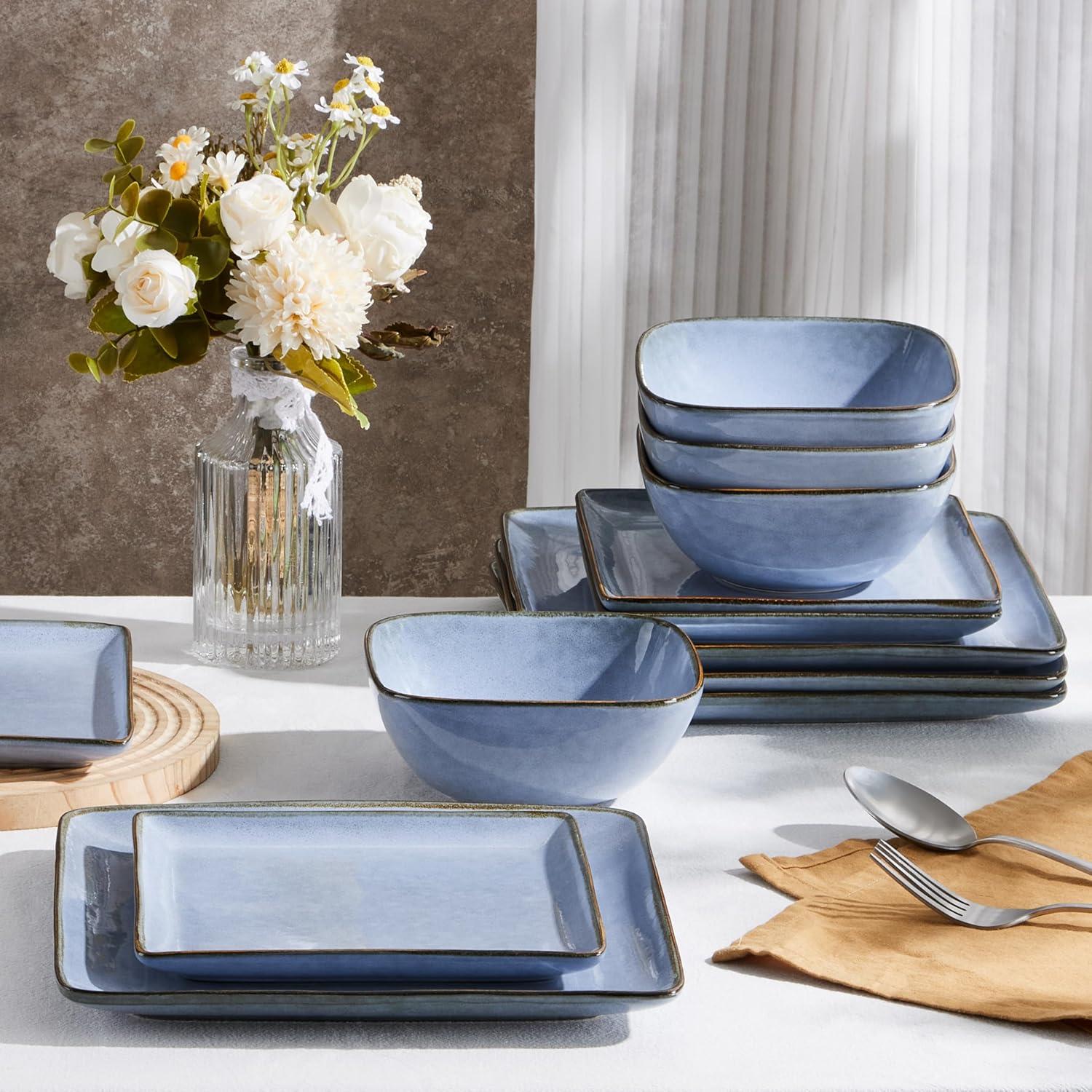 imageEfar Square Plates and Bowls Sets 12Piece Stoneware Dinnerware Sets for 4 Reactive Glaze Dish Set Chip and Scratch Resistant Microwave and Dishwasher Safe Deep Sea BlueOcean Blue