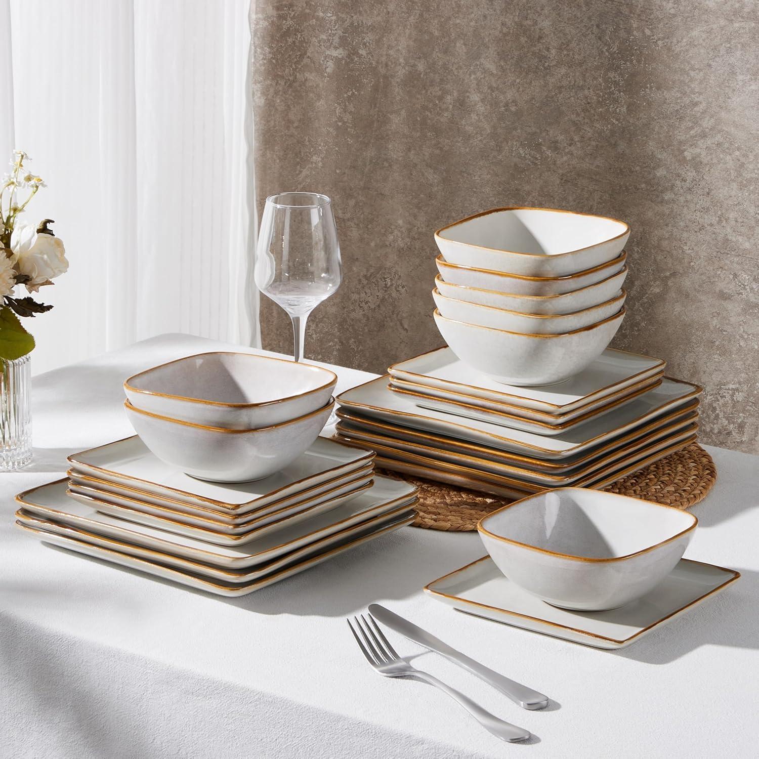 imageEfar Square Plates and Bowls Sets 12Piece Stoneware Dinnerware Sets for 4 Reactive Glaze Dish Set Chip and Scratch Resistant Microwave and Dishwasher Safe Deep Sea BlueSeashell White