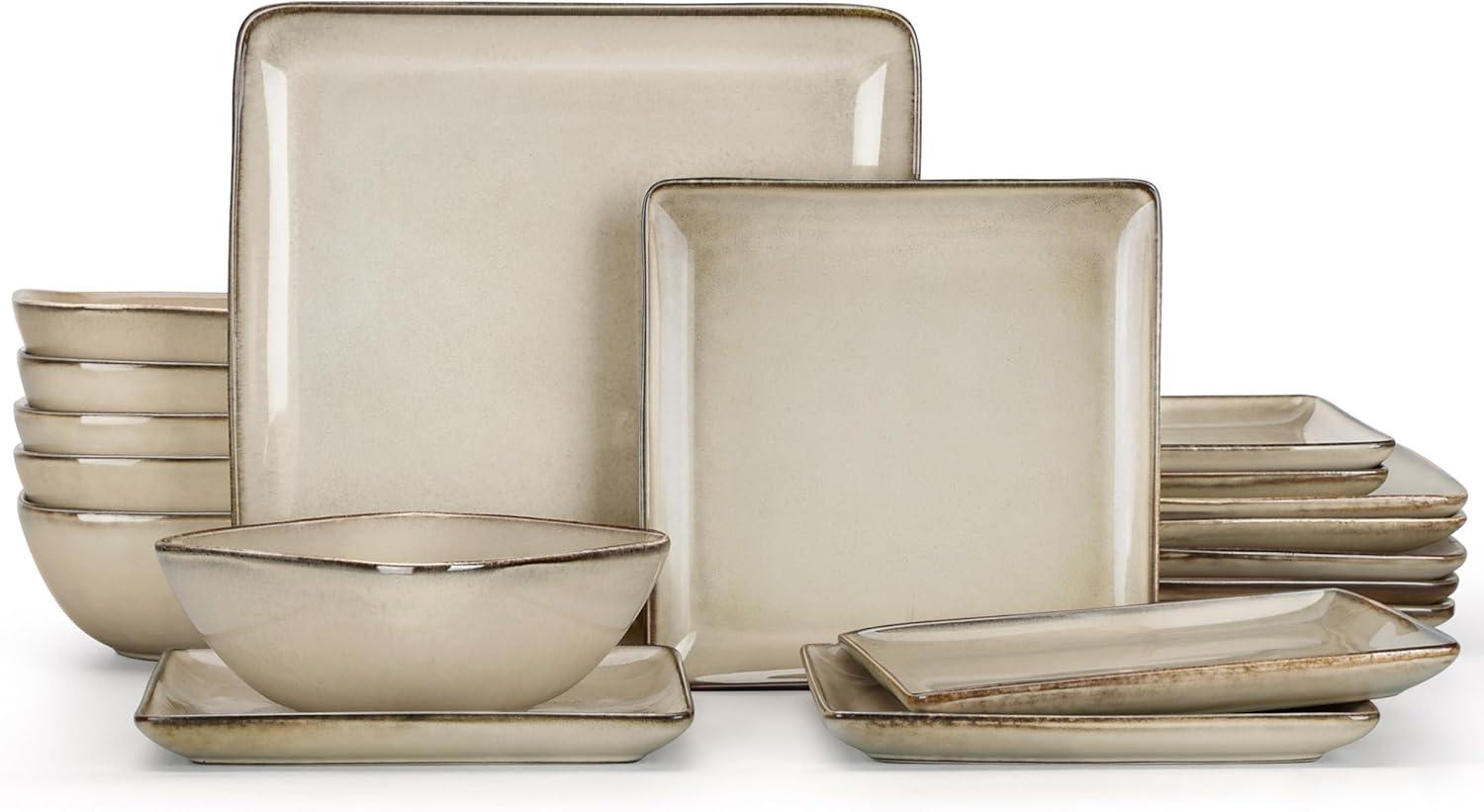 imageEfar Square Plates and Bowls Sets 12Piece Stoneware Dinnerware Sets for 4 Reactive Glaze Dish Set Chip and Scratch Resistant Microwave and Dishwasher Safe Deep Sea BlueSandy Beige