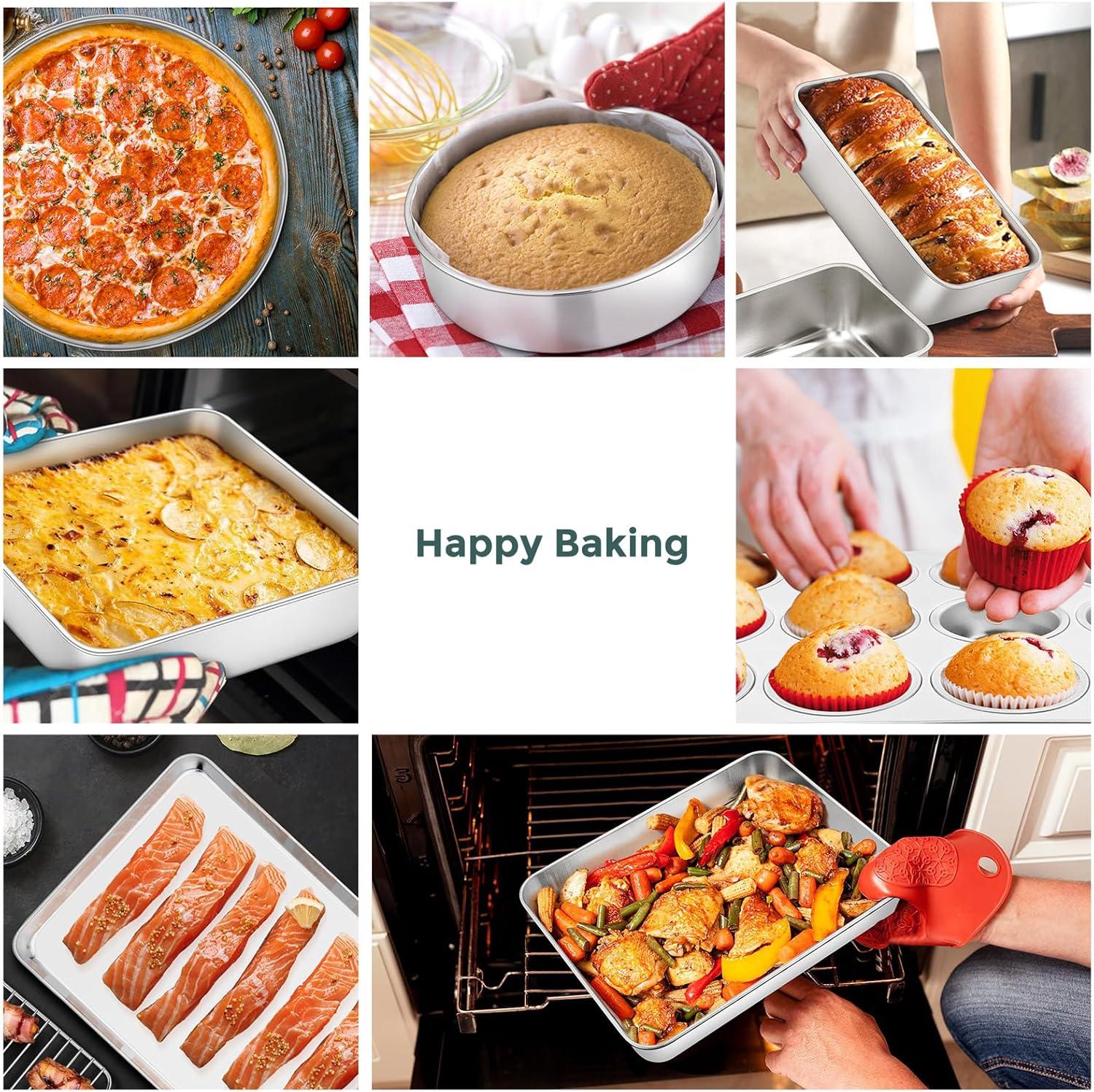 imageEfar Stainless Steel Baking Pan Set 9Piece Bakeware Sets for Cake Cookie Loaf Muffin Include Round Square Rectangle Baking Sheet Pan with Lid amp Cooling Rack Dishwasher Safe12Piece Set