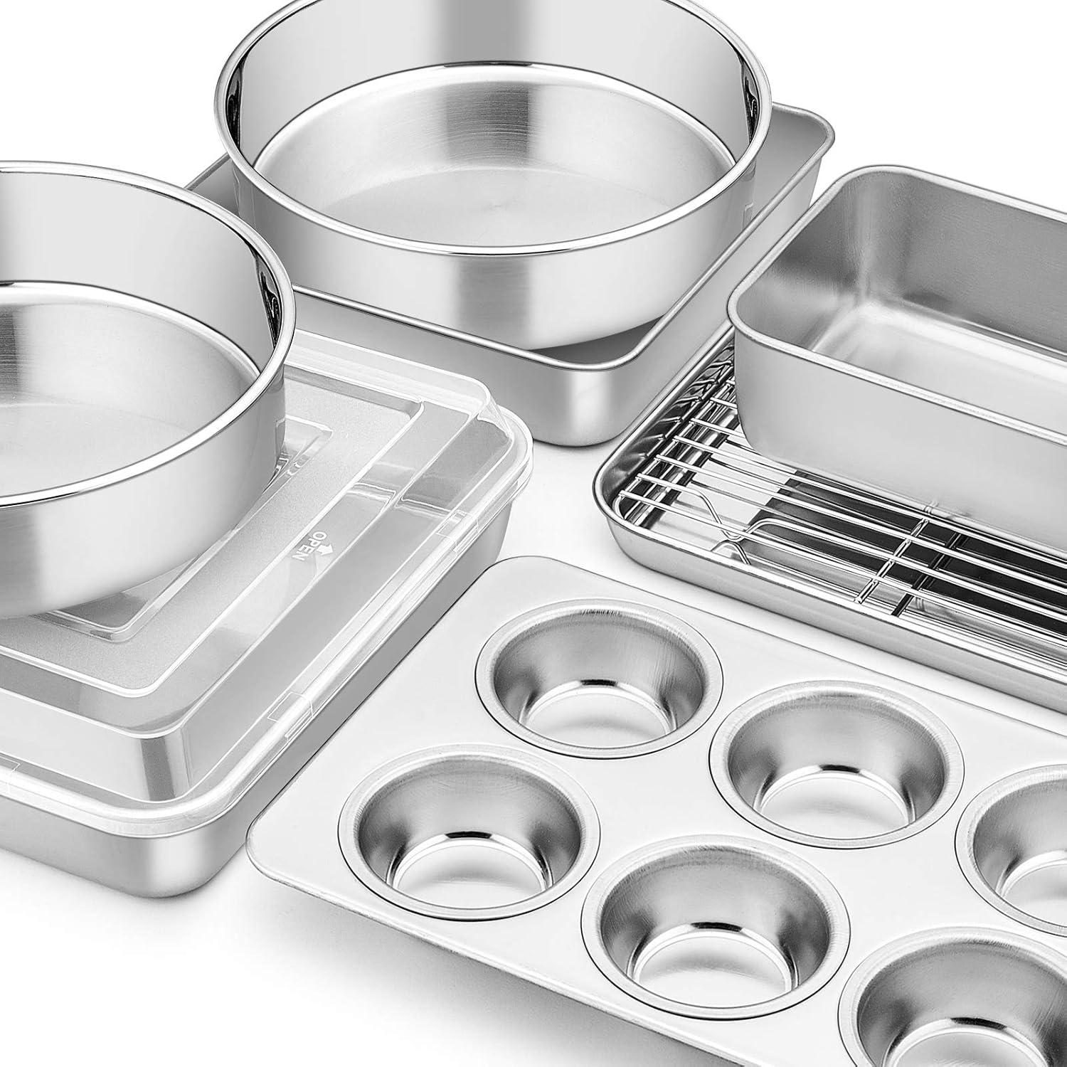 imageEfar Stainless Steel Baking Pan Set 9Piece Bakeware Sets for Cake Cookie Loaf Muffin Include Round Square Rectangle Baking Sheet Pan with Lid amp Cooling Rack Dishwasher Safe9Piece Set