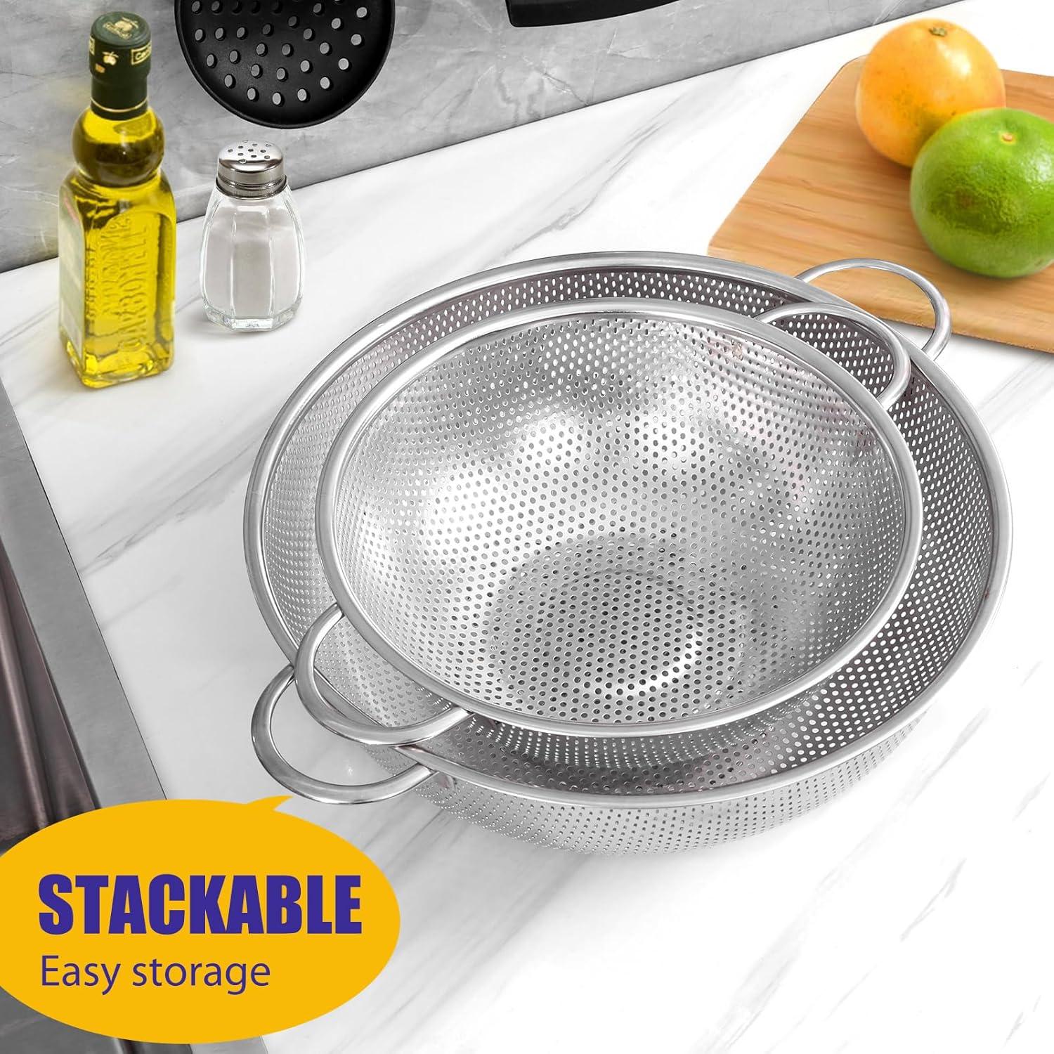 imageEfar Stainless Steel Colander Set of 3 135Quart MicroPerforated Metal Colander Strainer with Handle for KitchenDraining PastaRinsing Vegetables Fruits Heavy Duty amp Dishwasher Safe3 5 QT