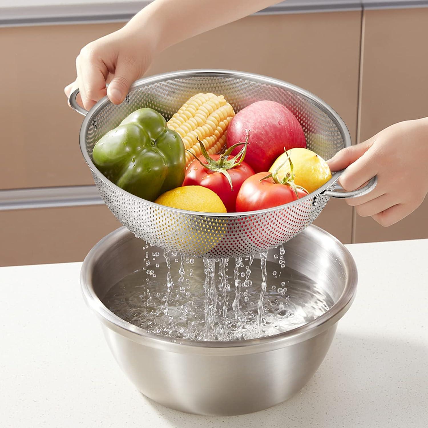 imageEfar Stainless Steel Colander Set of 3 135Quart MicroPerforated Metal Colander Strainer with Handle for KitchenDraining PastaRinsing Vegetables Fruits Heavy Duty amp Dishwasher Safe1 3 5 QT