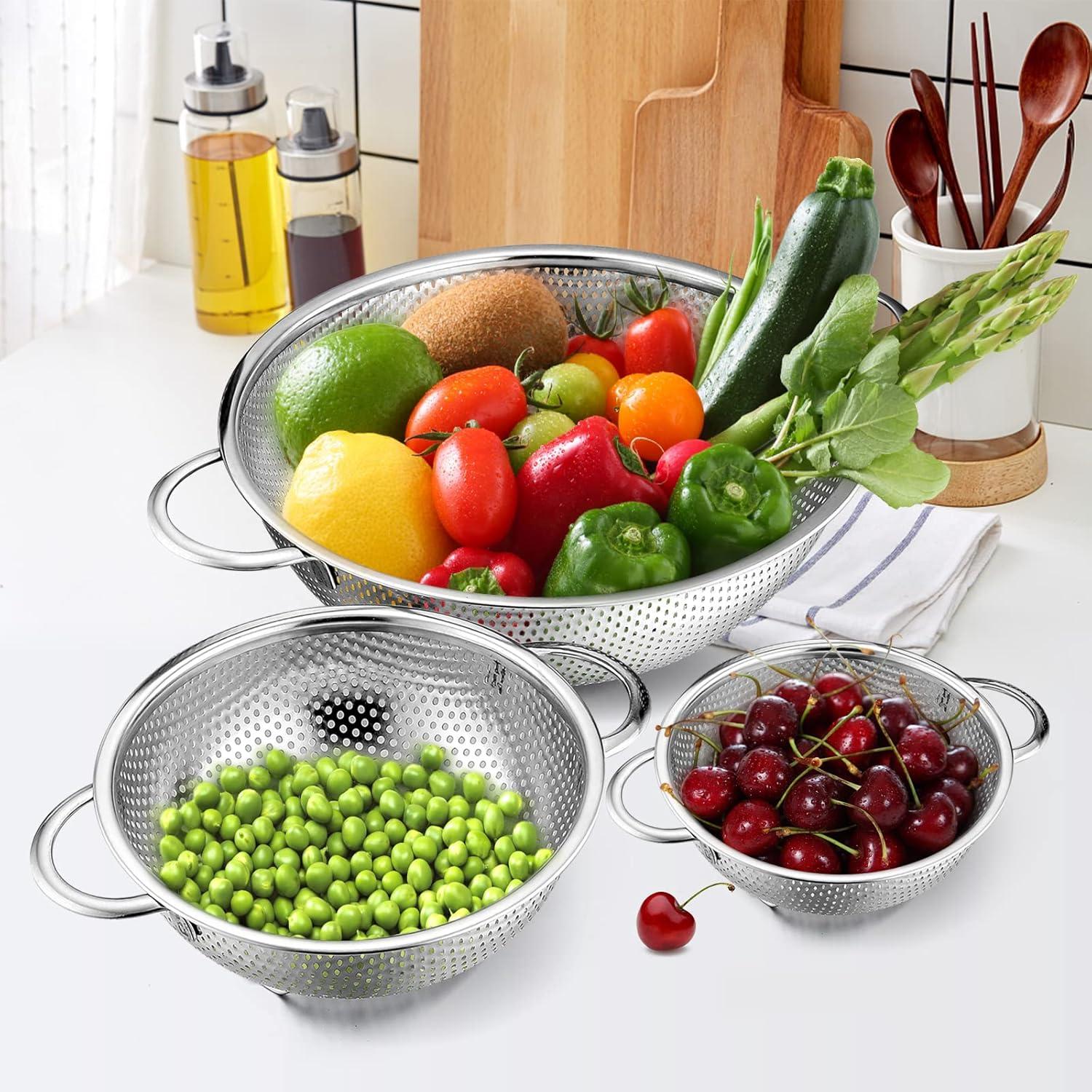 imageEfar Stainless Steel Colander Set of 3 135Quart MicroPerforated Metal Colander Strainer with Handle for KitchenDraining PastaRinsing Vegetables Fruits Heavy Duty amp Dishwasher Safe1 3 5 QT