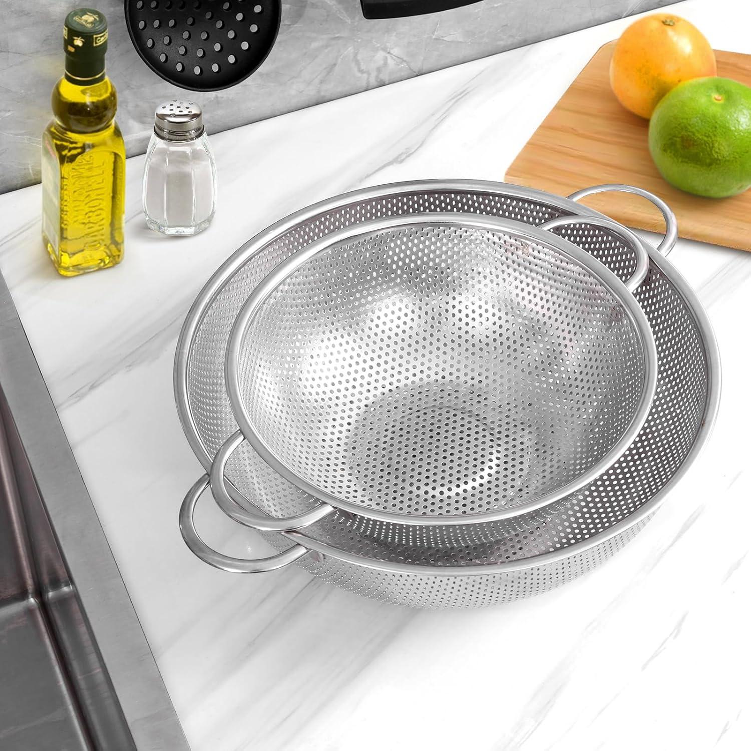 imageEfar Stainless Steel Colander Set of 3 135Quart MicroPerforated Metal Colander Strainer with Handle for KitchenDraining PastaRinsing Vegetables Fruits Heavy Duty amp Dishwasher Safe5 QT