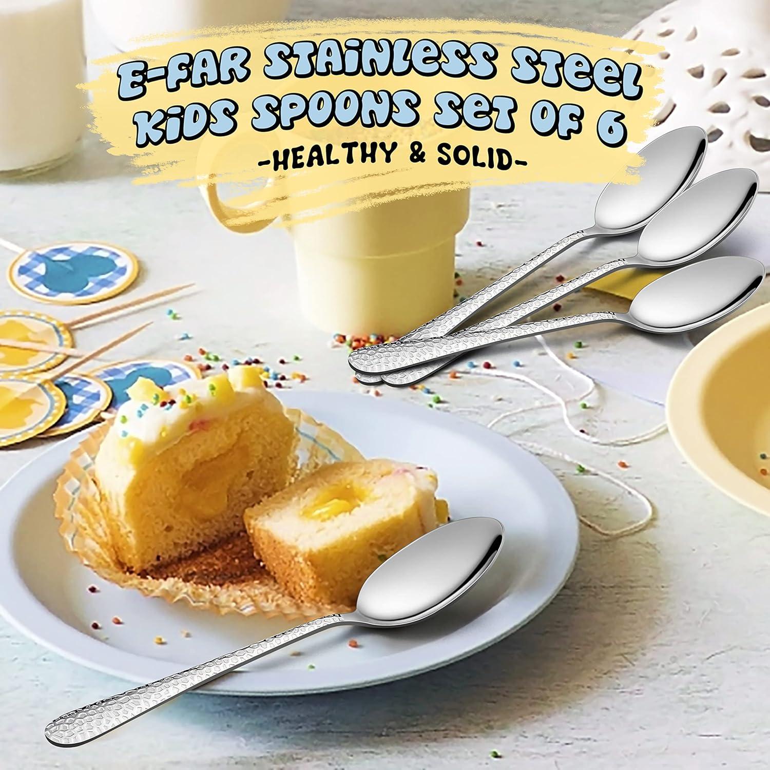 imageEfar Stainless Steel Kids Forks 6Piece Toddlers Forks Safe for PreschoolerChildren Hammered Adult look amp Small Size Rust Free amp Dishwasher SafeHammered Spoon