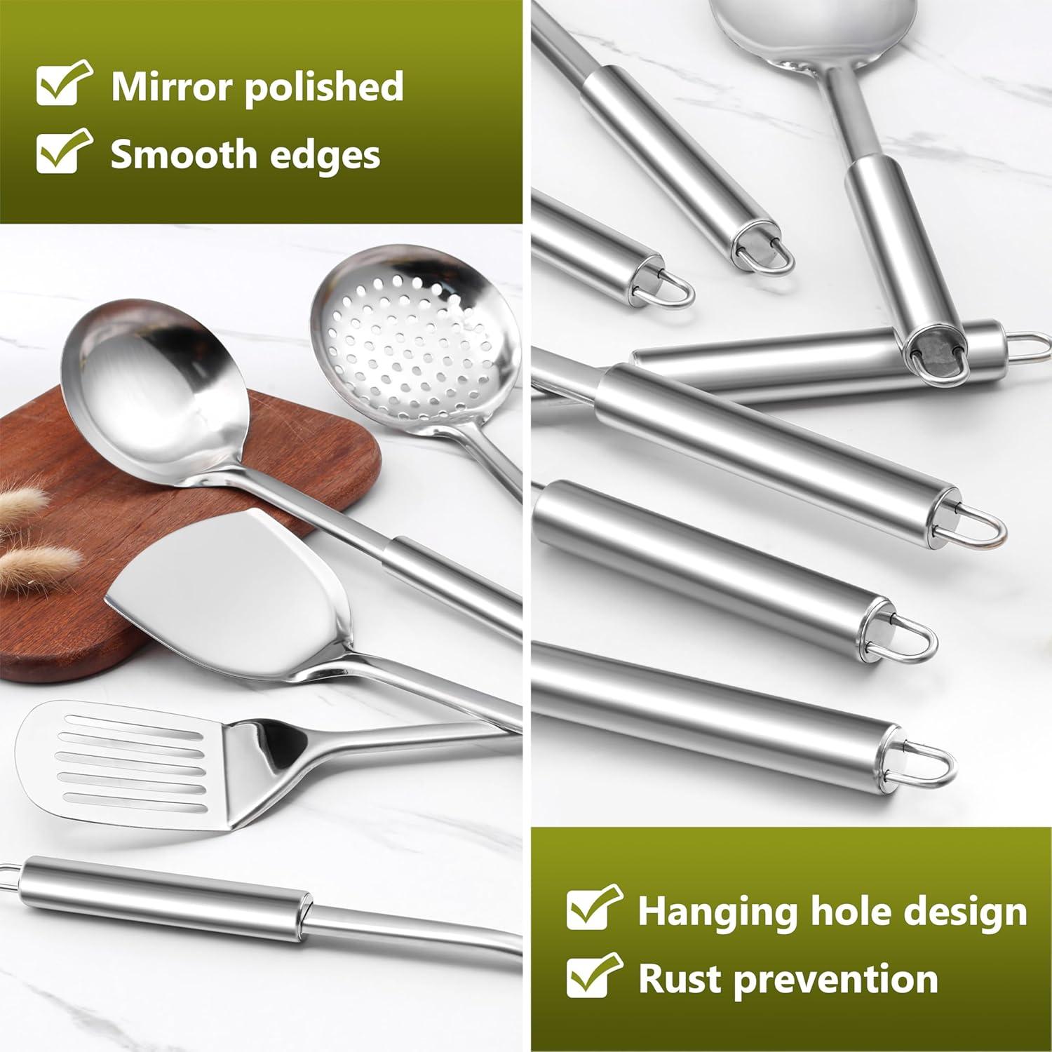 imageEfar Stainless Steel Kitchen Utensils Set 39Piece Cooking Utensils Set with Holder Nontoxic Metal Heat Resistant Kitchen Gadgets Cookware Tool Spatula Set for Cooking Dishwasher Safe10