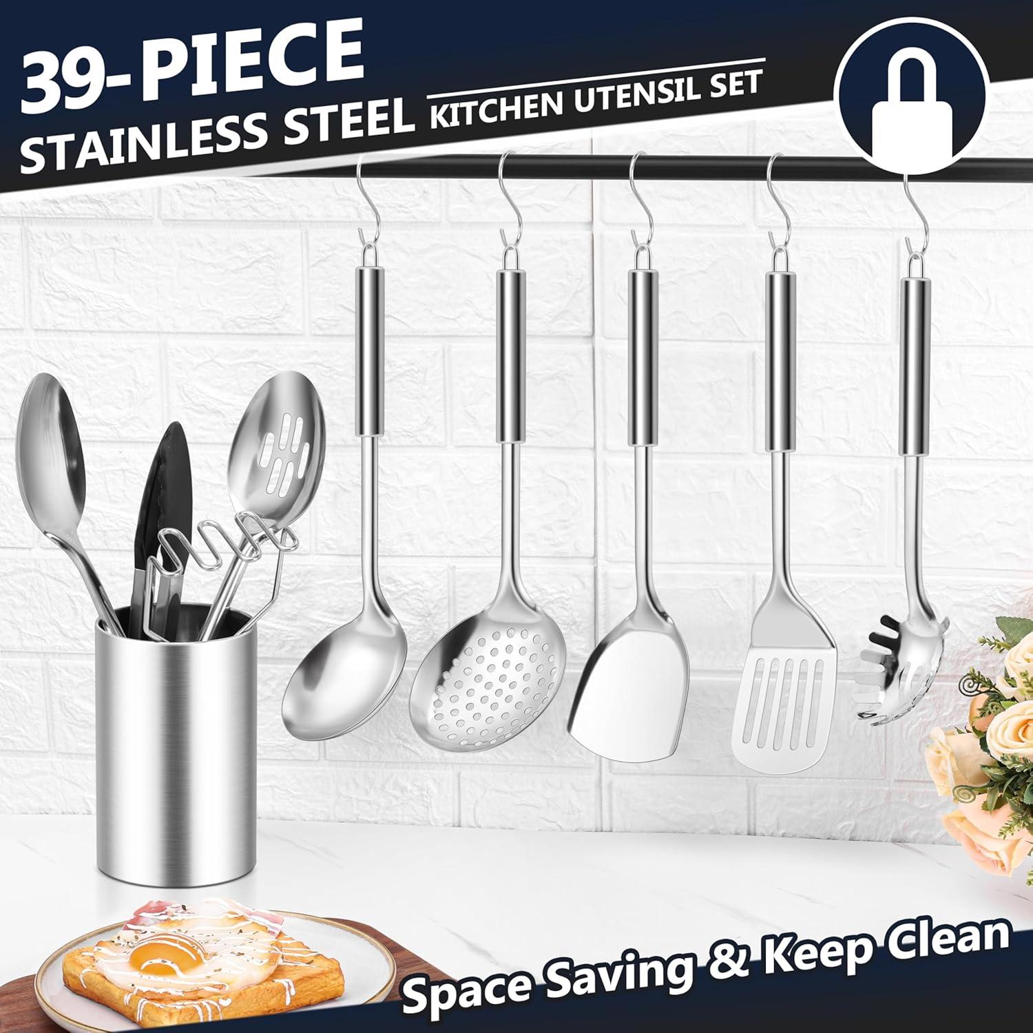 imageEfar Stainless Steel Kitchen Utensils Set 39Piece Cooking Utensils Set with Holder Nontoxic Metal Heat Resistant Kitchen Gadgets Cookware Tool Spatula Set for Cooking Dishwasher Safe39
