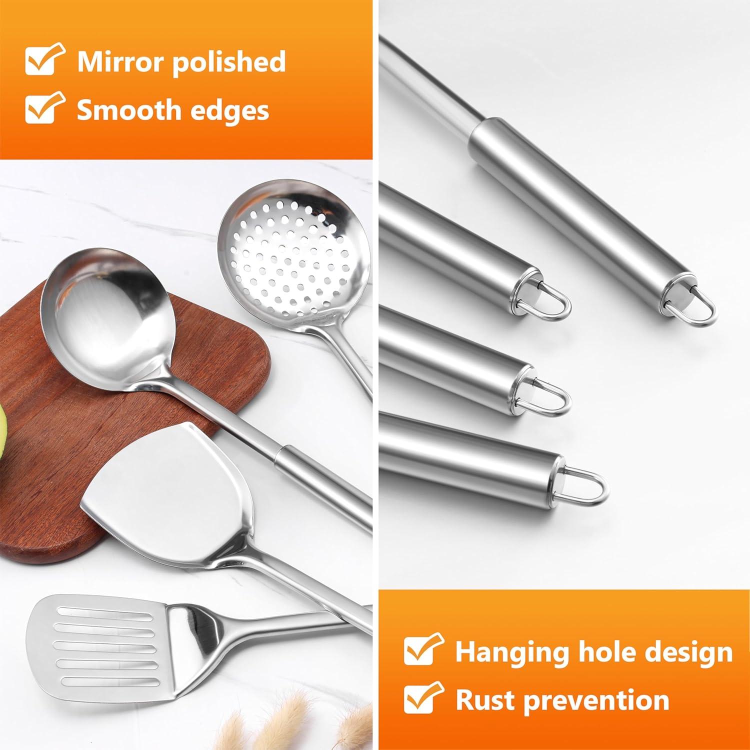 imageEfar Stainless Steel Kitchen Utensils Set 39Piece Cooking Utensils Set with Holder Nontoxic Metal Heat Resistant Kitchen Gadgets Cookware Tool Spatula Set for Cooking Dishwasher Safe4
