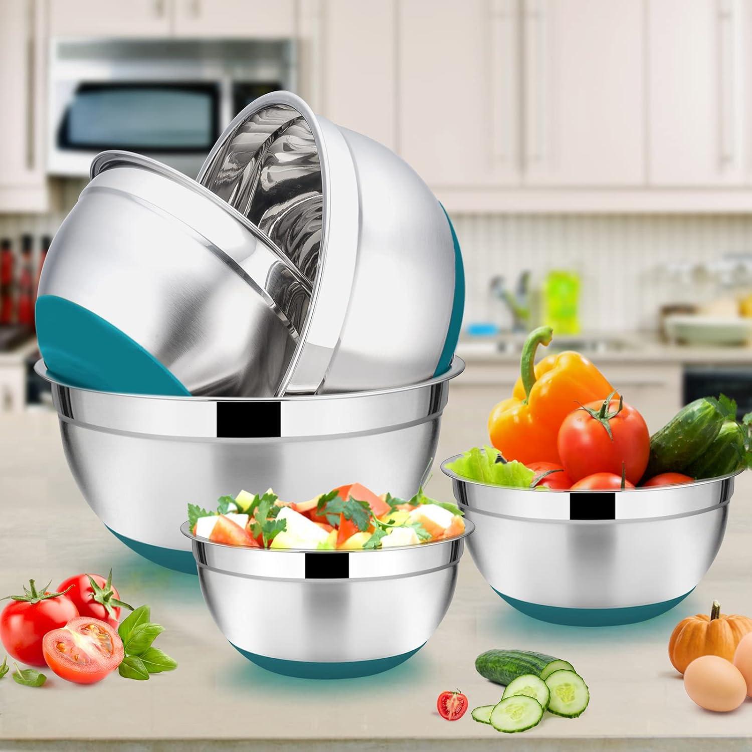 imageEfar Stainless Steel Mixing Bowls Set of 5 Size 73525151 QT Metal Nesting Bowls with Colorful Airtight Lids amp NonSlip Bottoms Great for Kitchen Cooking Baking Serving Food PrepTeal Blaue