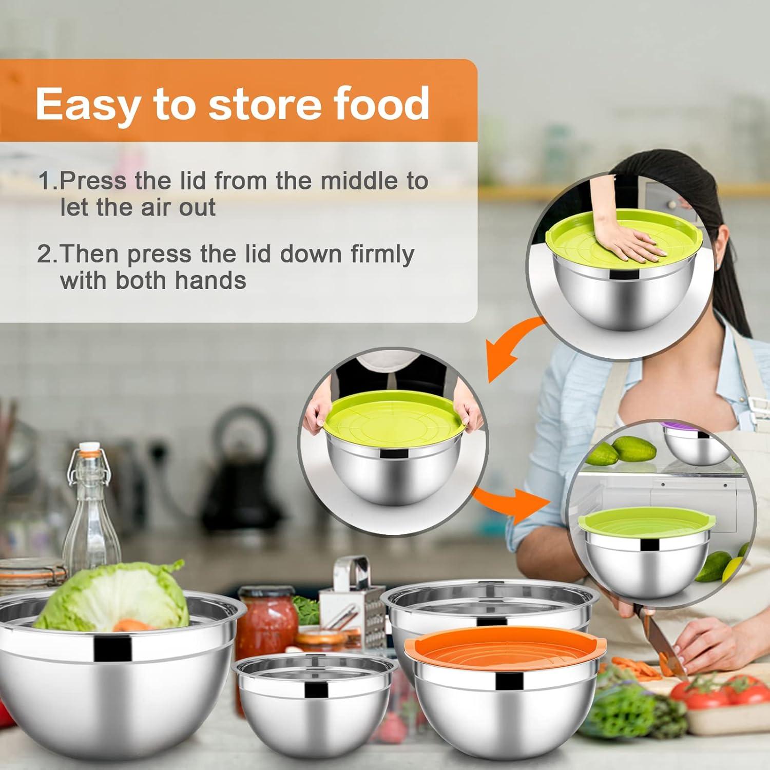 imageEfar Stainless Steel Mixing Bowls with Airtight Lids 7Piece Metal Nesting Bowls with Black Lids for Saving Storage Space Size 7 46 3 2 15 1 07QT Great for BakingCookingPreppingColorful