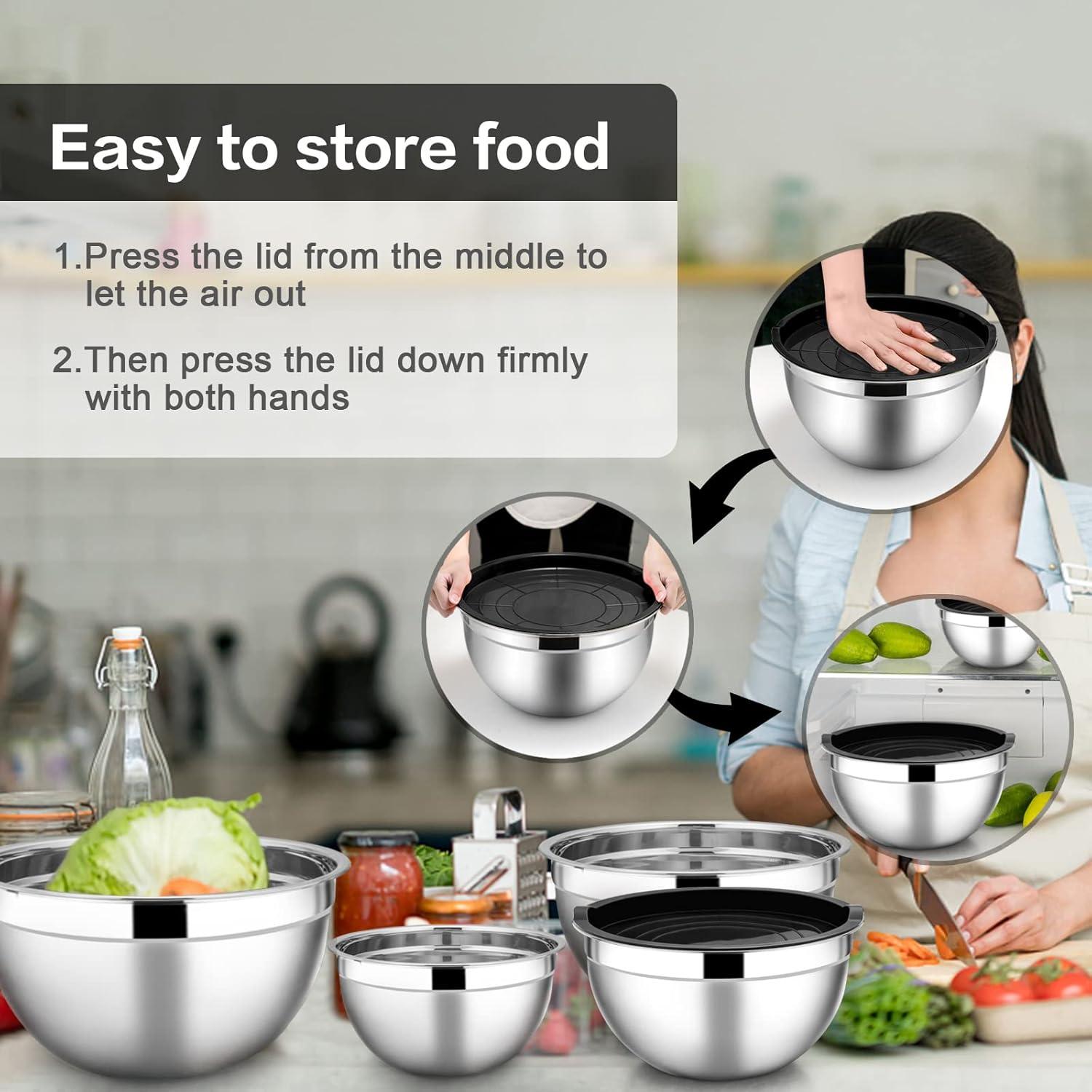 imageEfar Stainless Steel Mixing Bowls with Airtight Lids 7Piece Metal Nesting Bowls with Black Lids for Saving Storage Space Size 7 46 3 2 15 1 07QT Great for BakingCookingPreppingBlack