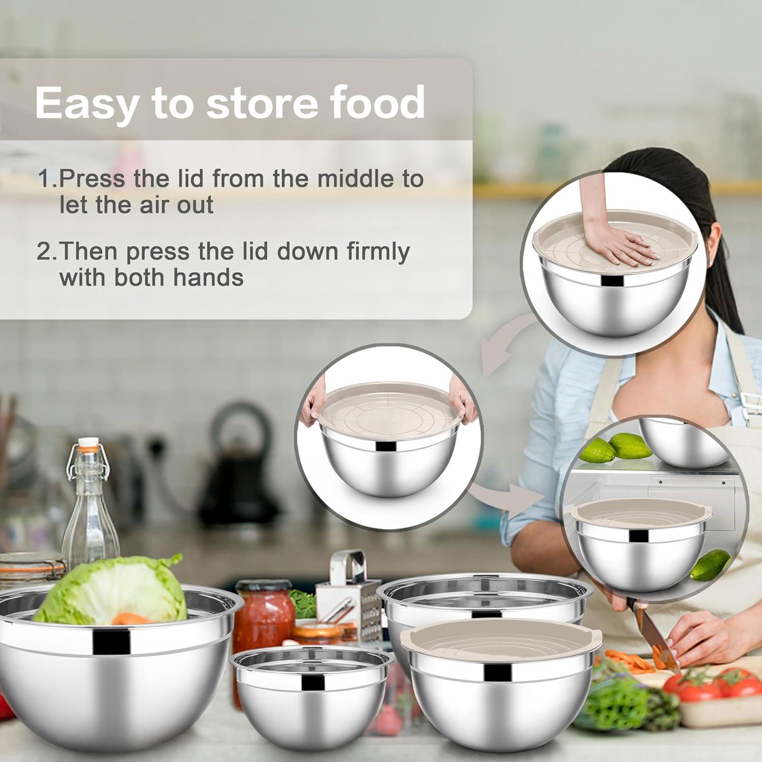 imageEfar Stainless Steel Mixing Bowls with Airtight Lids 7Piece Metal Nesting Bowls with Black Lids for Saving Storage Space Size 7 46 3 2 15 1 07QT Great for BakingCookingPreppingKhaki