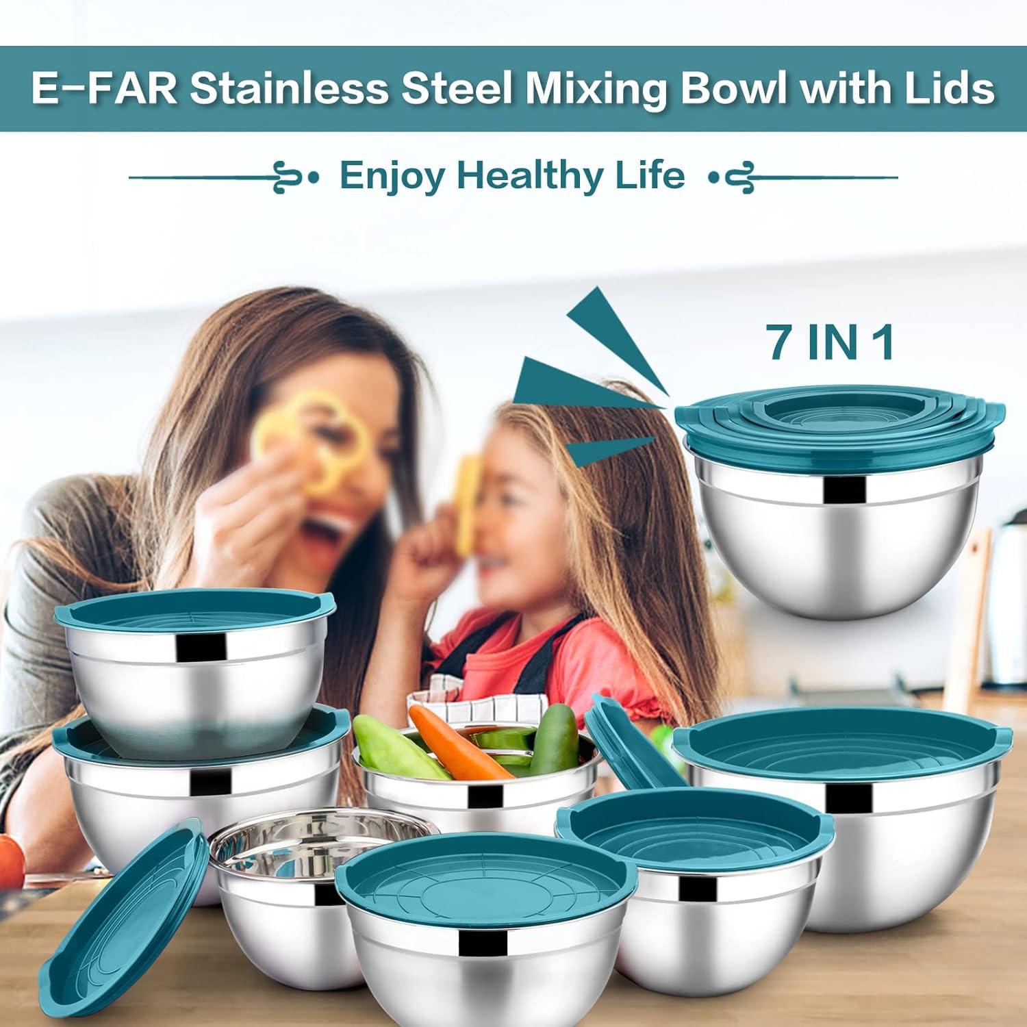 imageEfar Stainless Steel Mixing Bowls with Airtight Lids 7Piece Metal Nesting Bowls with Black Lids for Saving Storage Space Size 7 46 3 2 15 1 07QT Great for BakingCookingPreppingBlue