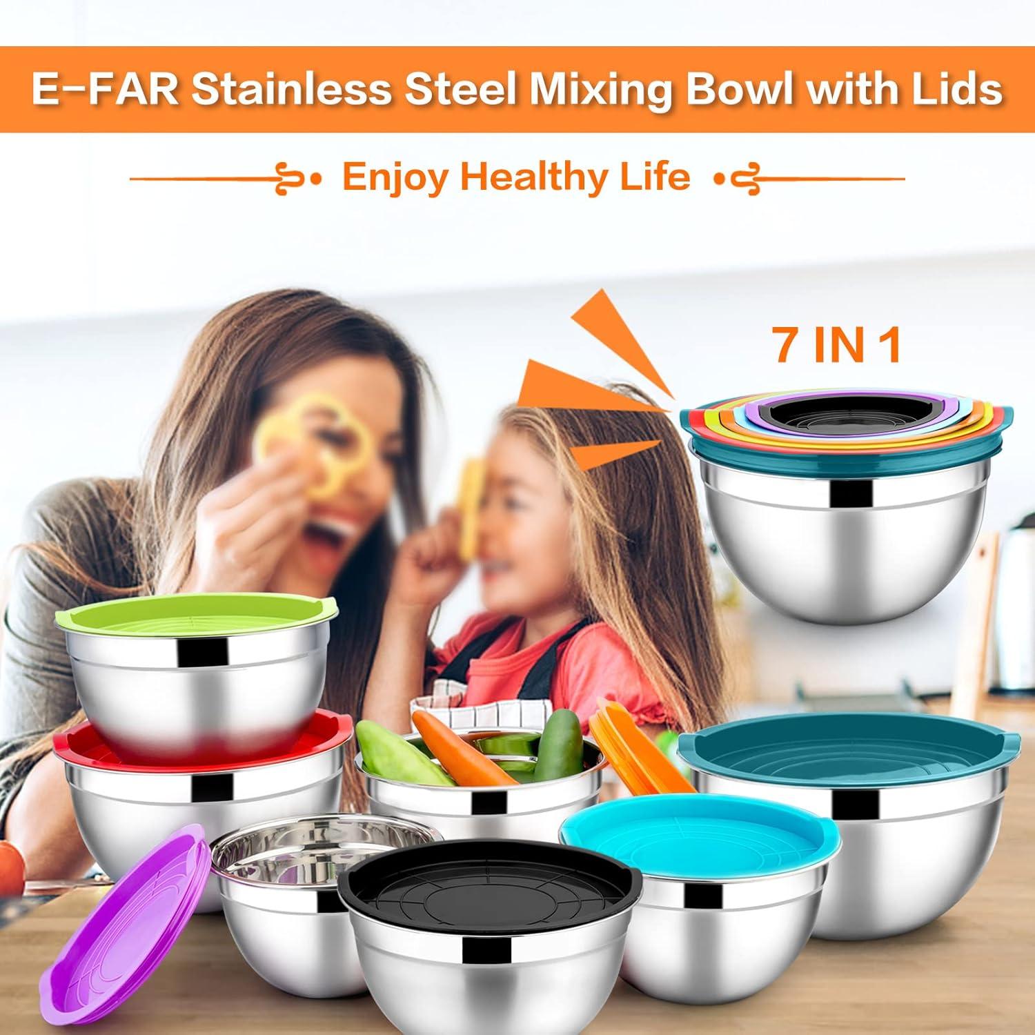 imageEfar Stainless Steel Mixing Bowls with Airtight Lids 7Piece Metal Nesting Bowls with Black Lids for Saving Storage Space Size 7 46 3 2 15 1 07QT Great for BakingCookingPreppingColorful