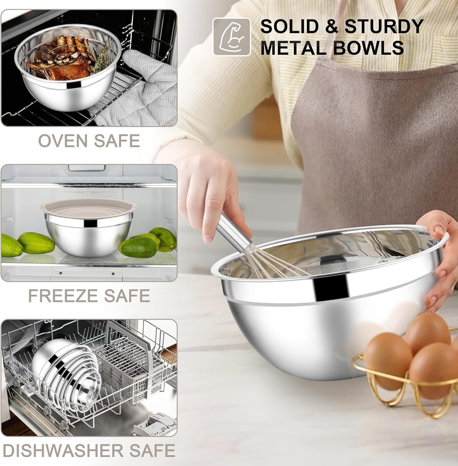 imageEfar Stainless Steel Mixing Bowls with Lids Set 5Piece Nesting Salad Bowls with 3 Grater Attachments and NonSlip Bottoms Size 46 26 2 15 1QT for Kitchen BlackKhaki