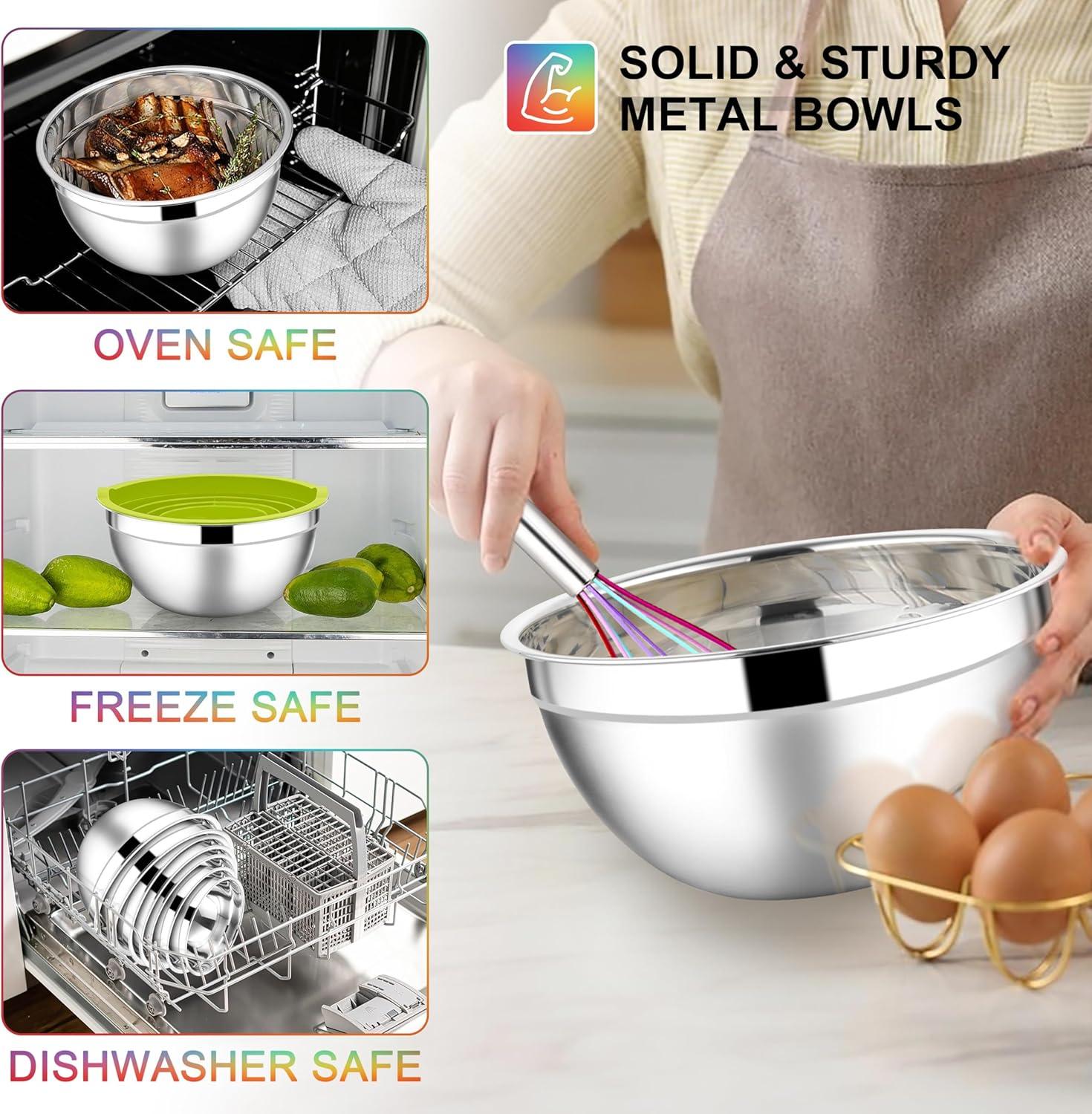 imageEfar Stainless Steel Mixing Bowls with Lids Set 5Piece Nesting Salad Bowls with 3 Grater Attachments and NonSlip Bottoms Size 46 26 2 15 1QT for Kitchen BlackColorful
