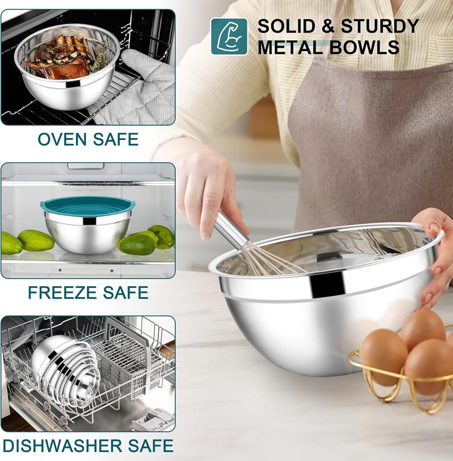 imageEfar Stainless Steel Mixing Bowls with Lids Set 5Piece Nesting Salad Bowls with 3 Grater Attachments and NonSlip Bottoms Size 46 26 2 15 1QT for Kitchen BlackBlue