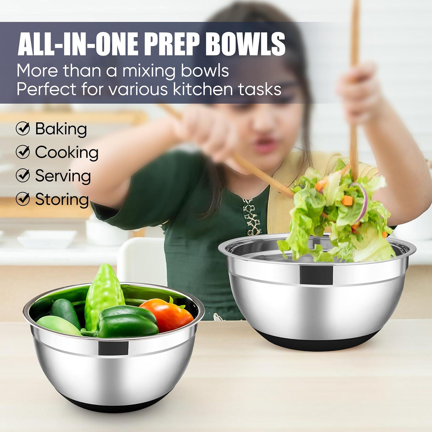 imageEfar Stainless Steel Mixing Bowls with Lids Set 5Piece Nesting Salad Bowls with 3 Grater Attachments and NonSlip Bottoms Size 46 26 2 15 1QT for Kitchen BlackBlack