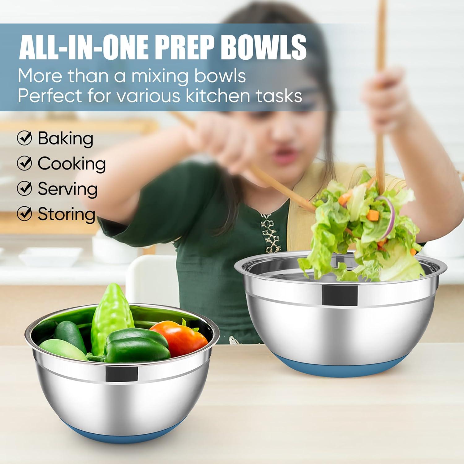 imageEfar Stainless Steel Mixing Bowls with Lids Set 5Piece Nesting Salad Bowls with 3 Grater Attachments and NonSlip Bottoms Size 46 26 2 15 1QT for Kitchen BlackBlue