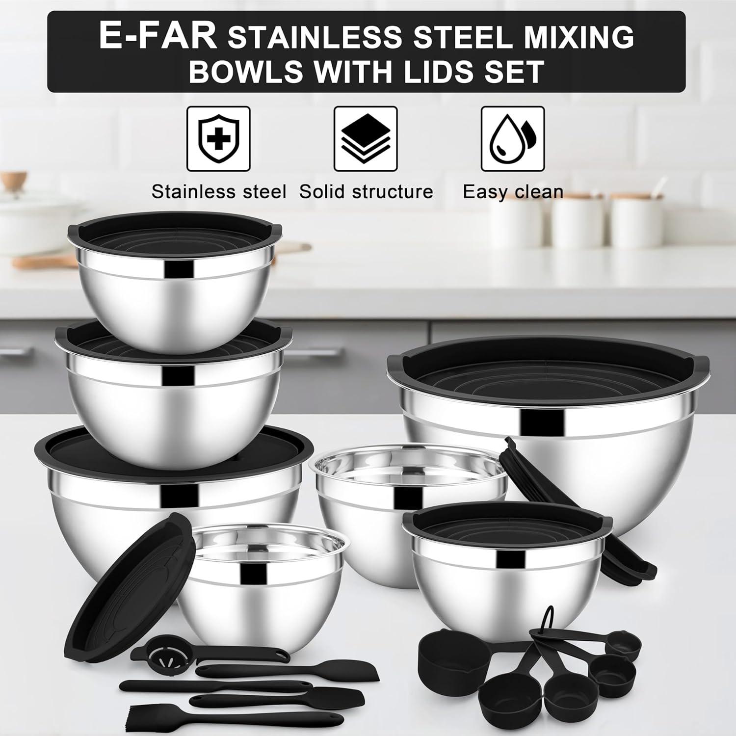 imageEfar Stainless Steel Mixing Bowls with Lids Set 5Piece Nesting Salad Bowls with 3 Grater Attachments and NonSlip Bottoms Size 46 26 2 15 1QT for Kitchen BlackBlack