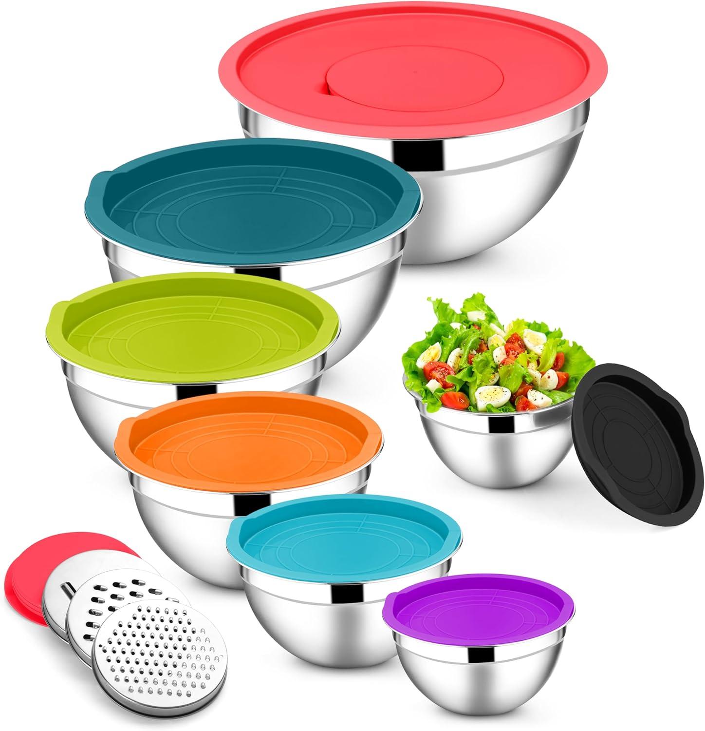 imageEfar Stainless Steel Mixing Bowls with Lids Set 5Piece Nesting Salad Bowls with 3 Grater Attachments and NonSlip Bottoms Size 46 26 2 15 1QT for Kitchen BlackColorful