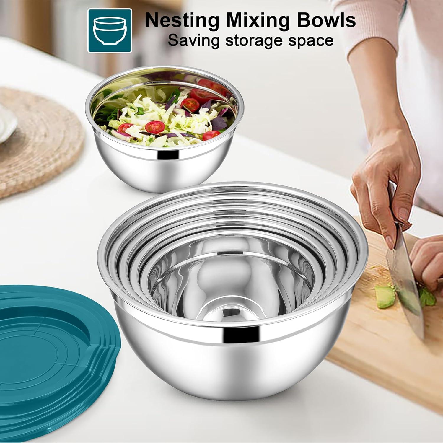 imageEfar Stainless Steel Mixing Bowls with Lids Set 5Piece Nesting Salad Bowls with 3 Grater Attachments and NonSlip Bottoms Size 46 26 2 15 1QT for Kitchen BlackBlue