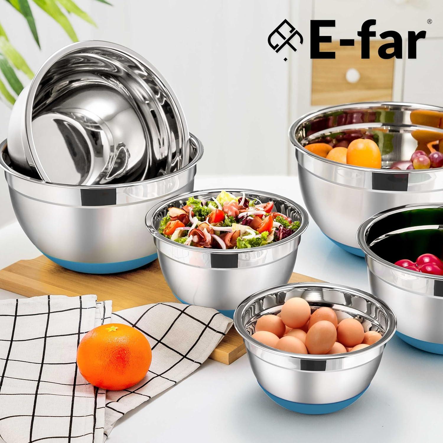 imageEfar Stainless Steel Mixing Bowls with Lids Set 5Piece Nesting Salad Bowls with 3 Grater Attachments and NonSlip Bottoms Size 46 26 2 15 1QT for Kitchen BlackBlue