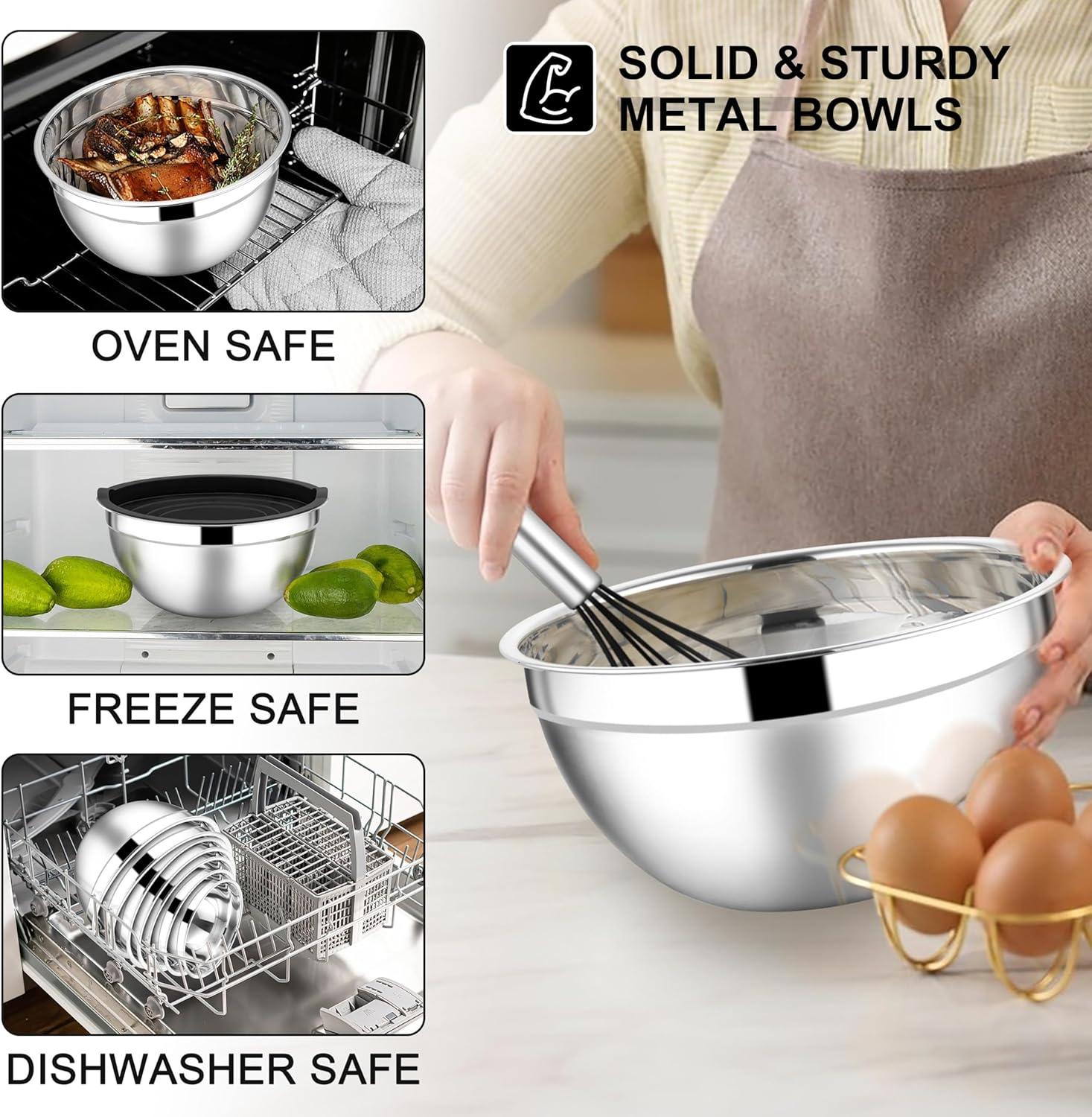 imageEfar Stainless Steel Mixing Bowls with Lids Set 5Piece Nesting Salad Bowls with 3 Grater Attachments and NonSlip Bottoms Size 46 26 2 15 1QT for Kitchen BlackBlack