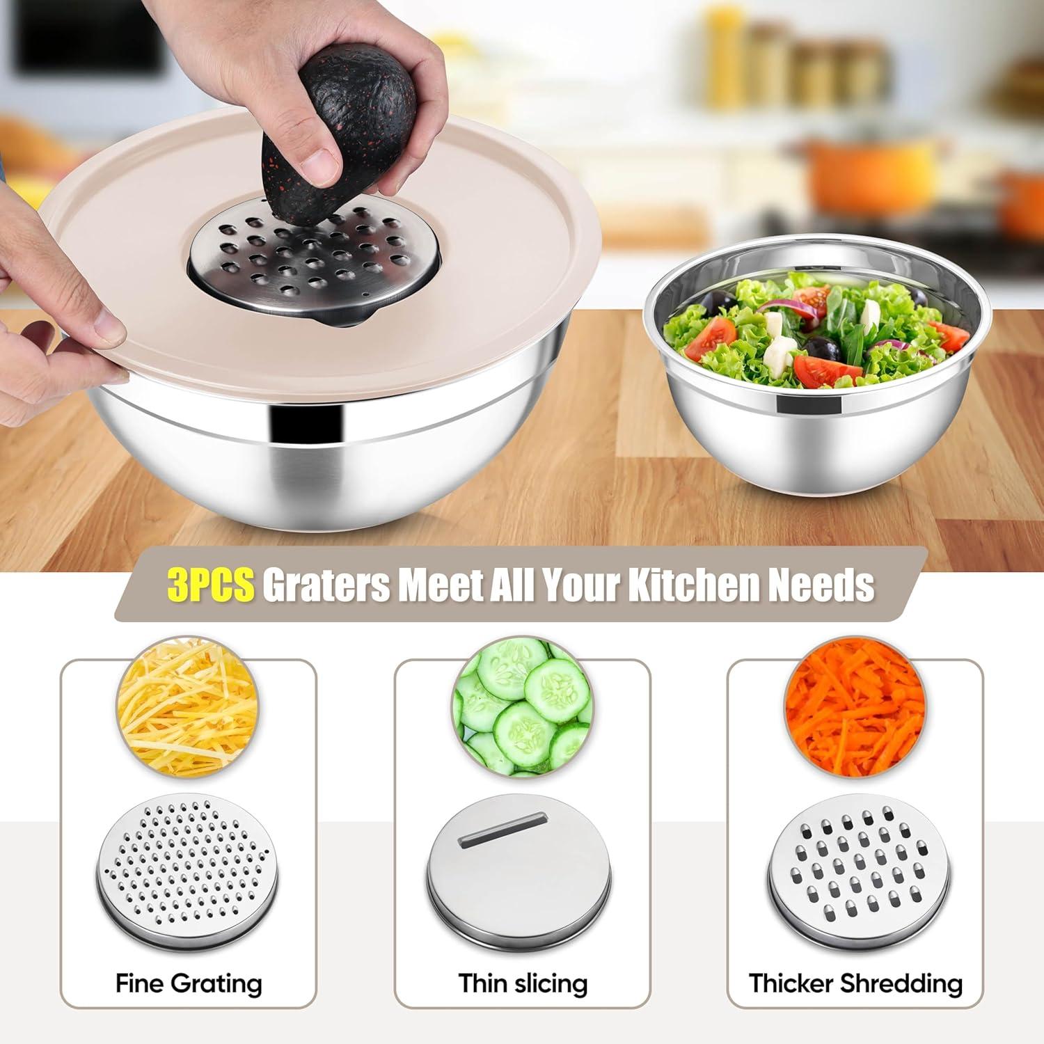imageEfar Stainless Steel Mixing Bowls with Lids Set 5Piece Nesting Salad Bowls with 3 Grater Attachments and NonSlip Bottoms Size 46 26 2 15 1QT for Kitchen BlackKhaki