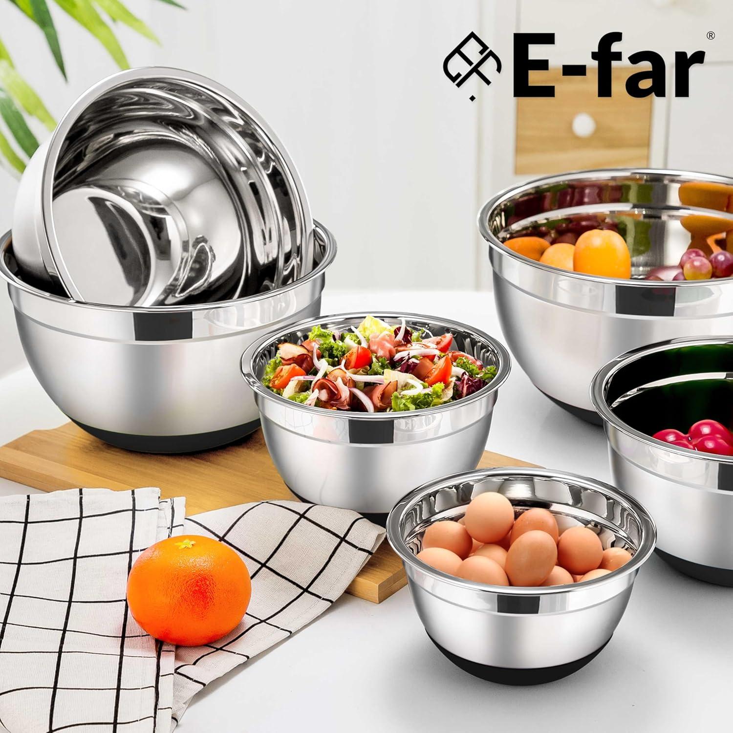 imageEfar Stainless Steel Mixing Bowls with Lids Set 5Piece Nesting Salad Bowls with 3 Grater Attachments and NonSlip Bottoms Size 46 26 2 15 1QT for Kitchen BlackBlack