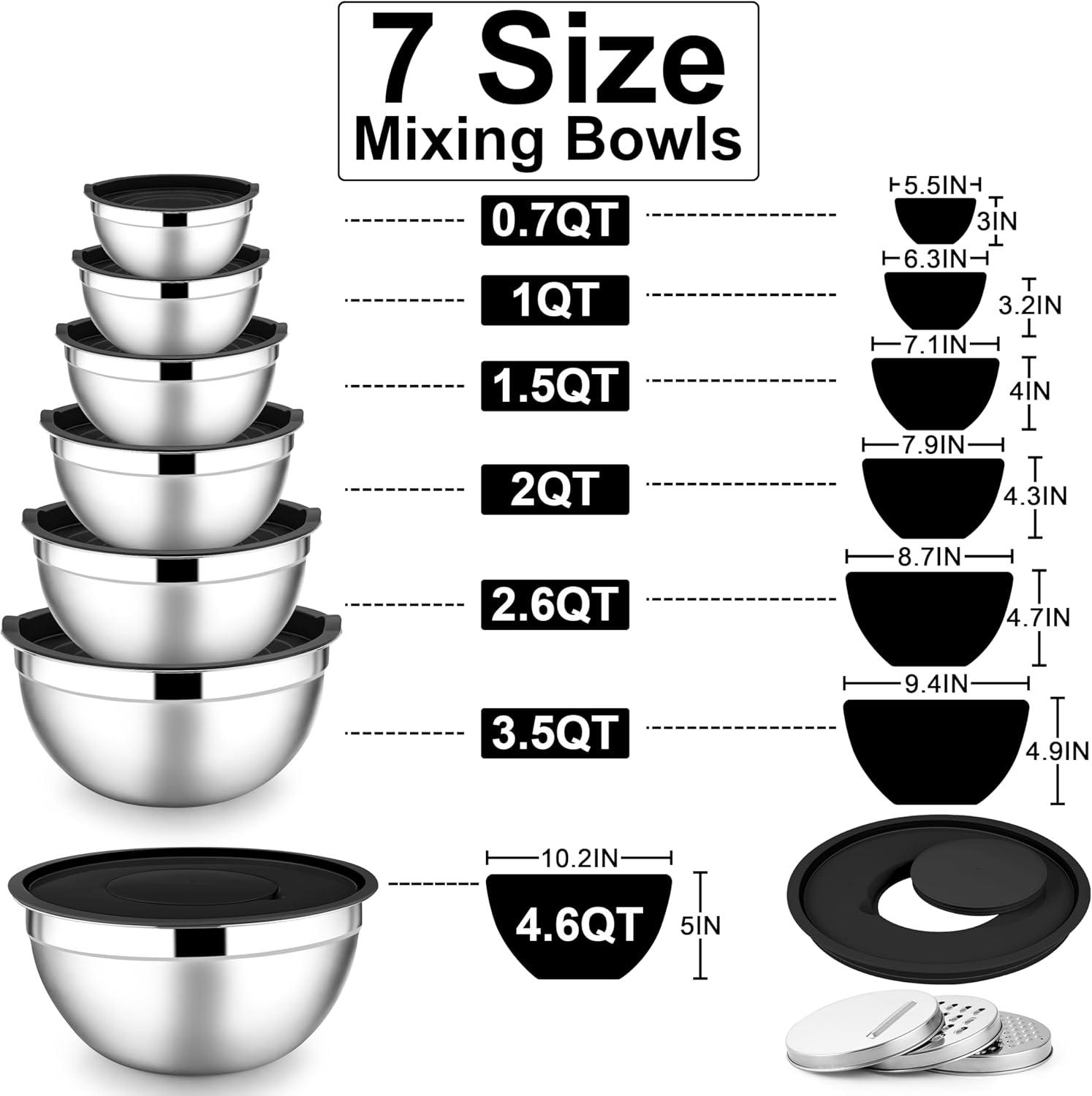 imageEfar Stainless Steel Mixing Bowls with Lids Set 5Piece Nesting Salad Bowls with 3 Grater Attachments and NonSlip Bottoms Size 46 26 2 15 1QT for Kitchen BlackBlack