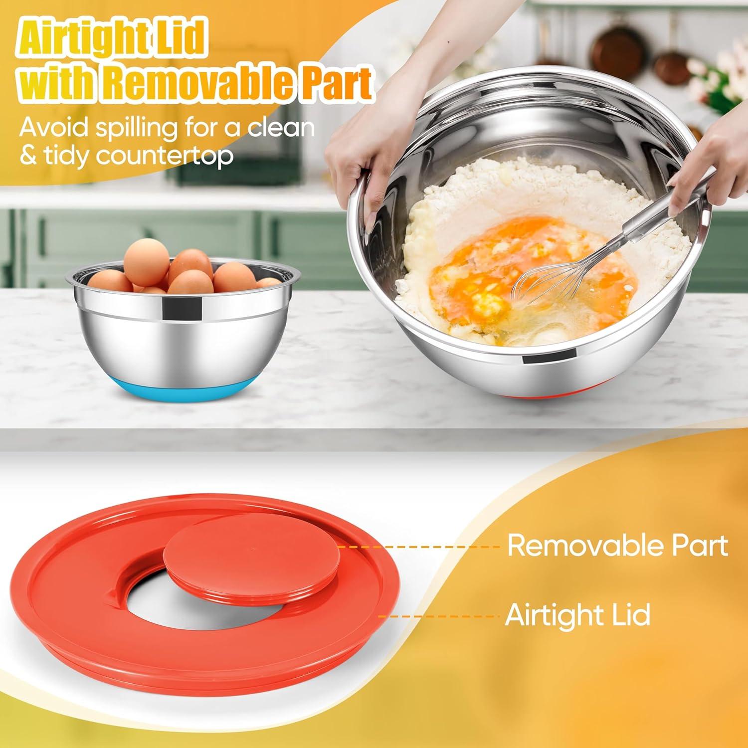 imageEfar Stainless Steel Mixing Bowls with Lids Set 5Piece Nesting Salad Bowls with 3 Grater Attachments and NonSlip Bottoms Size 46 26 2 15 1QT for Kitchen BlackColorful