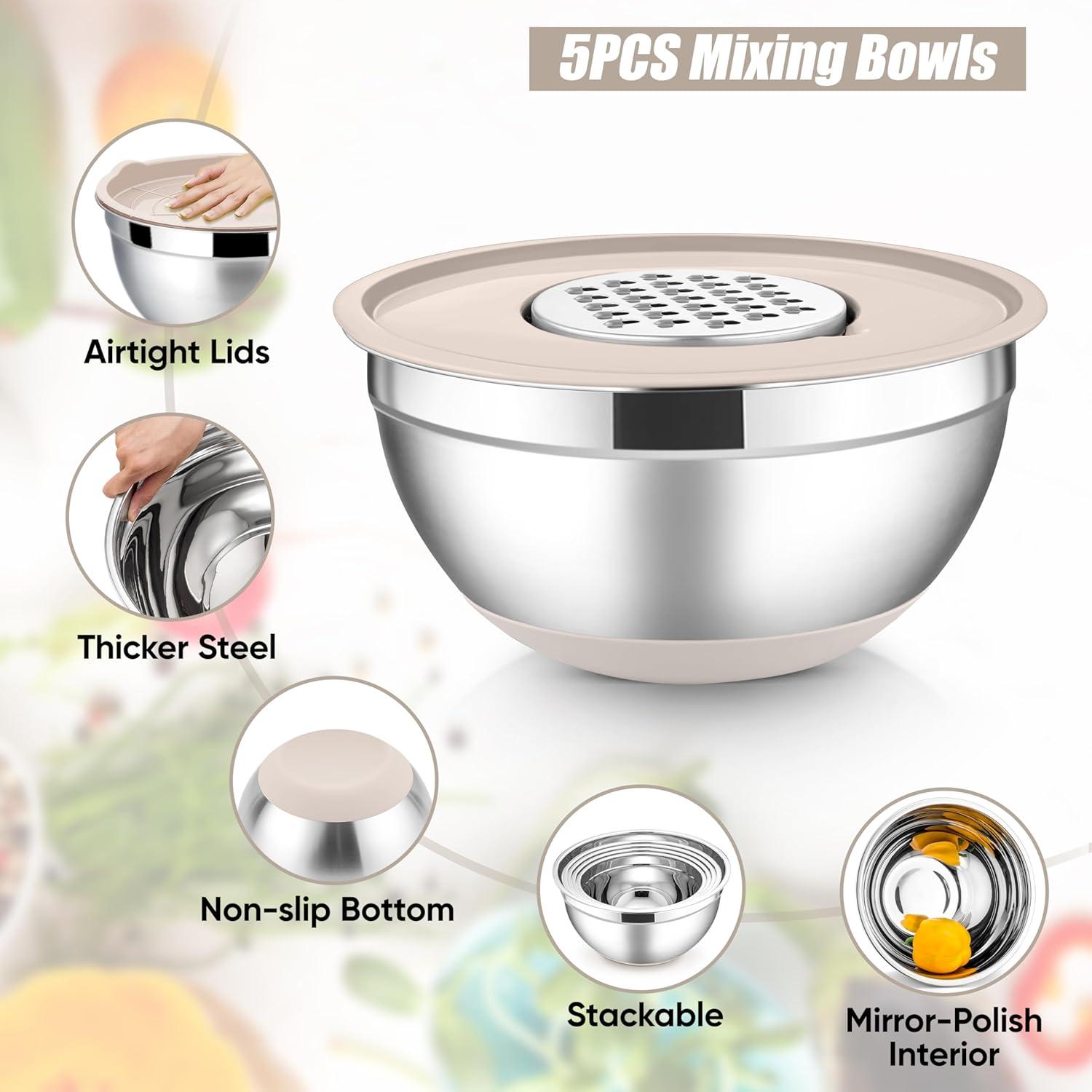 imageEfar Stainless Steel Mixing Bowls with Lids Set 5Piece Nesting Salad Bowls with 3 Grater Attachments and NonSlip Bottoms Size 46 26 2 15 1QT for Kitchen BlackKhaki