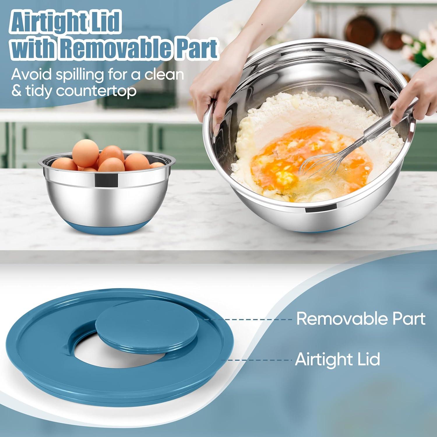 imageEfar Stainless Steel Mixing Bowls with Lids Set 5Piece Nesting Salad Bowls with 3 Grater Attachments and NonSlip Bottoms Size 46 26 2 15 1QT for Kitchen BlackBlue