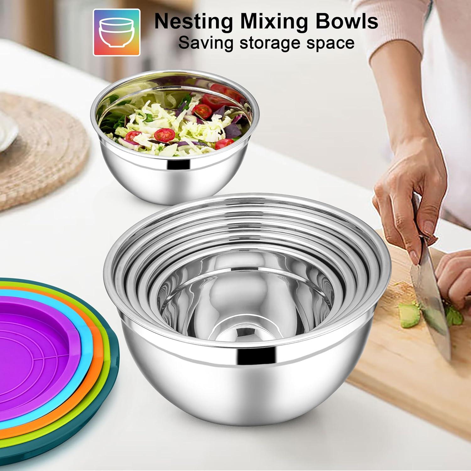 imageEfar Stainless Steel Mixing Bowls with Lids Set 5Piece Nesting Salad Bowls with 3 Grater Attachments and NonSlip Bottoms Size 46 26 2 15 1QT for Kitchen BlackColorful