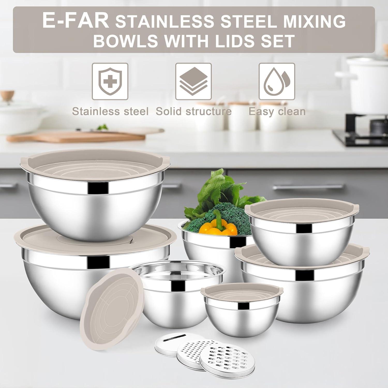 imageEfar Stainless Steel Mixing Bowls with Lids Set 5Piece Nesting Salad Bowls with 3 Grater Attachments and NonSlip Bottoms Size 46 26 2 15 1QT for Kitchen BlackKhaki